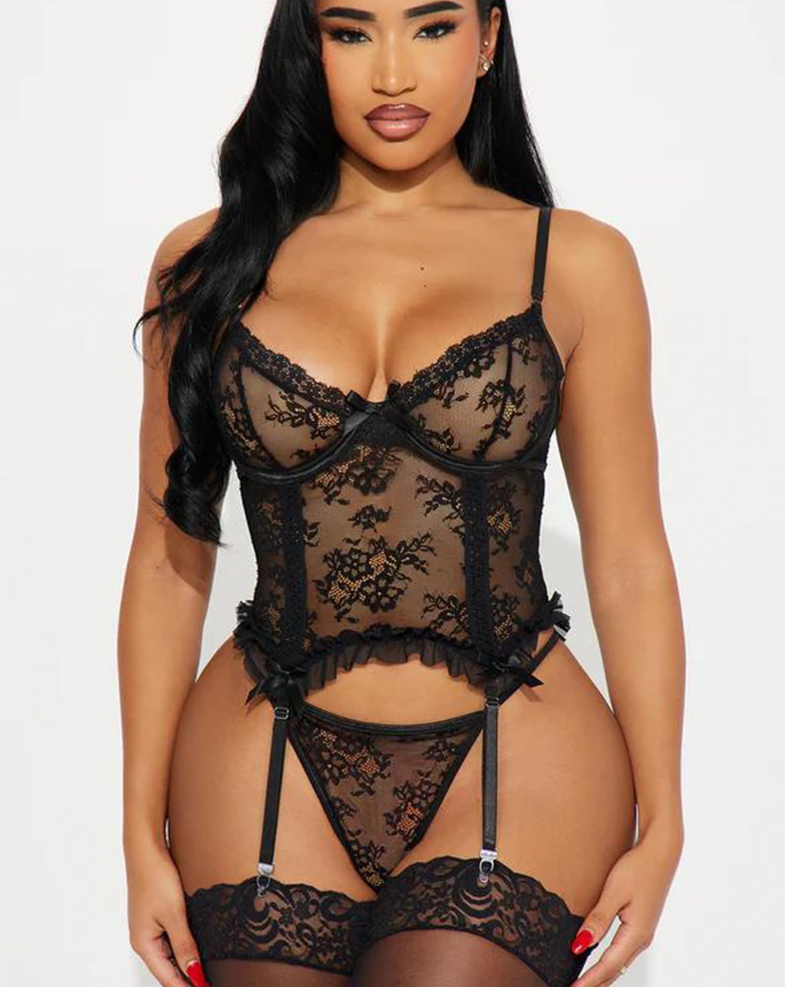 Aranmei Ensembles de Lingerie pour Femmes Body en Dentelle Sexy avec Bas Jarretelles en Dentelle Florale Lingerie sous-vêtements Tenues Teddy Nuisettes avec Cuisse Haute
