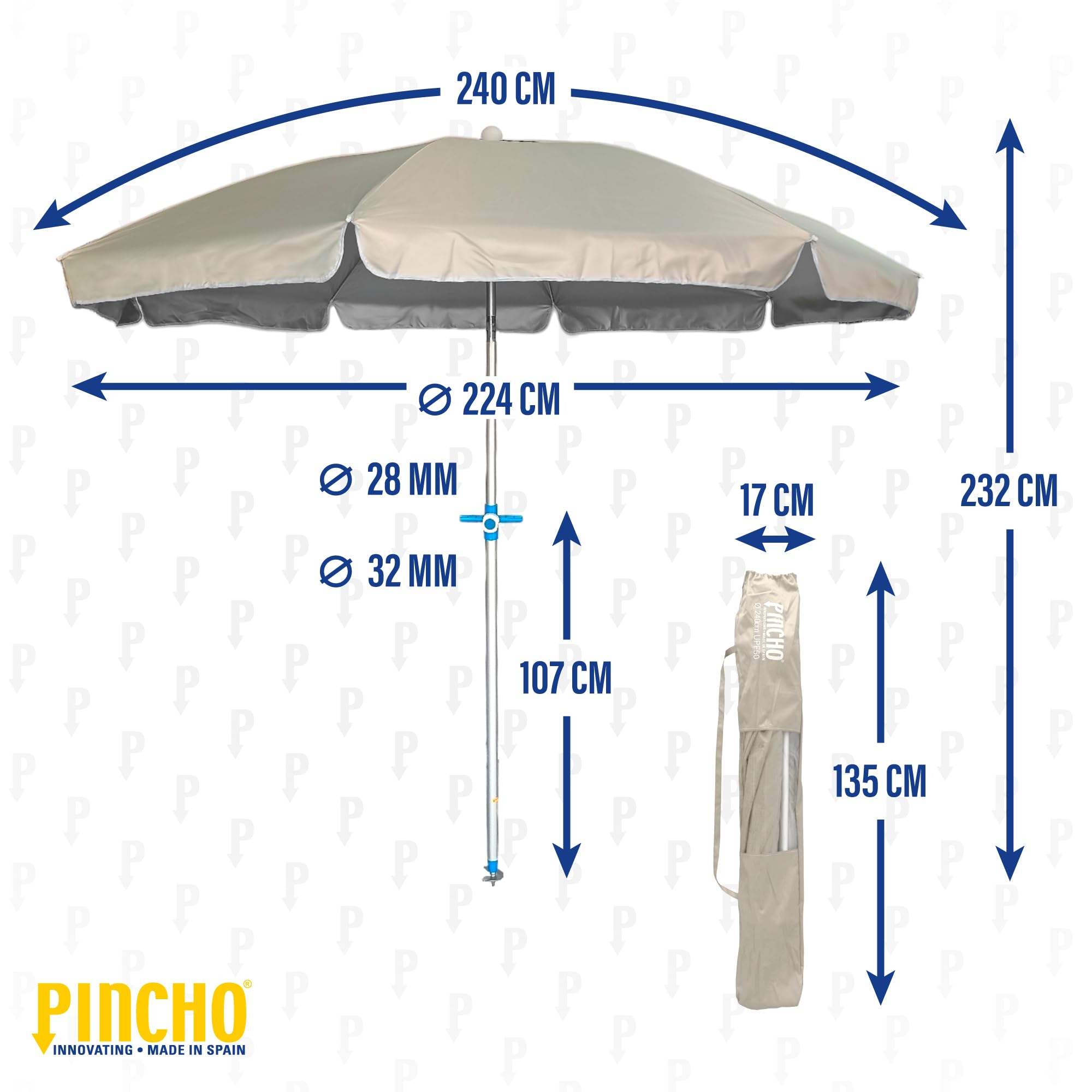 Pincho Ombrellone da spiaggia antivento, 240 cm,grande ombrellone, tetto di ventilazione, protezione UV 50, materiali di qualità,la struttura in alluminio resistente, 8 stecche in fibra di vetro.
