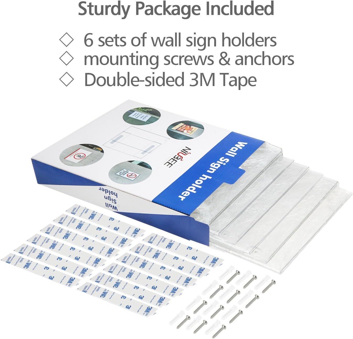 Exclusive NIUBEE 6 Pack Acrylic Wall Sign Holder 8.5x11 Vertical, Clear Plastic Picture Frame, Wall Mounted Design, Support No Drilling(Provide 3M Tape and Screws)