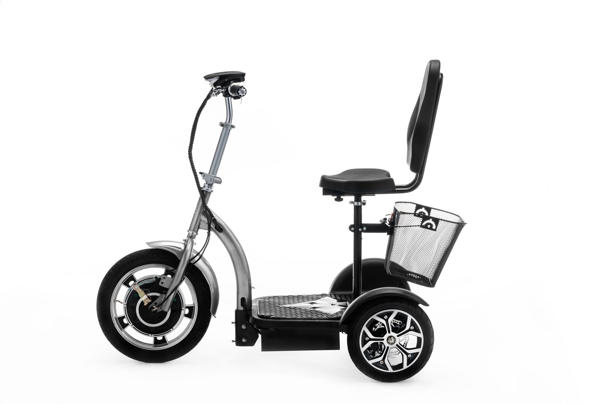 VELECO ZT16 - Scooter de movilidad de 3 ruedas - Totalmente ensamblado y listo para usar - Ruedas grandes - Fácil de maniobrar - Frenos delanteros y traseros - Cesta de la compra extraíble (PLATA)