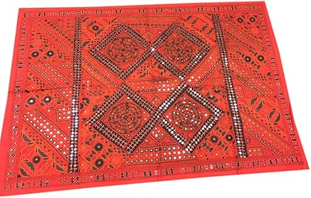 Mogul Interior Indian Red Sari Tapestry with Mirror Patchwork Wall Hanging Table Throw