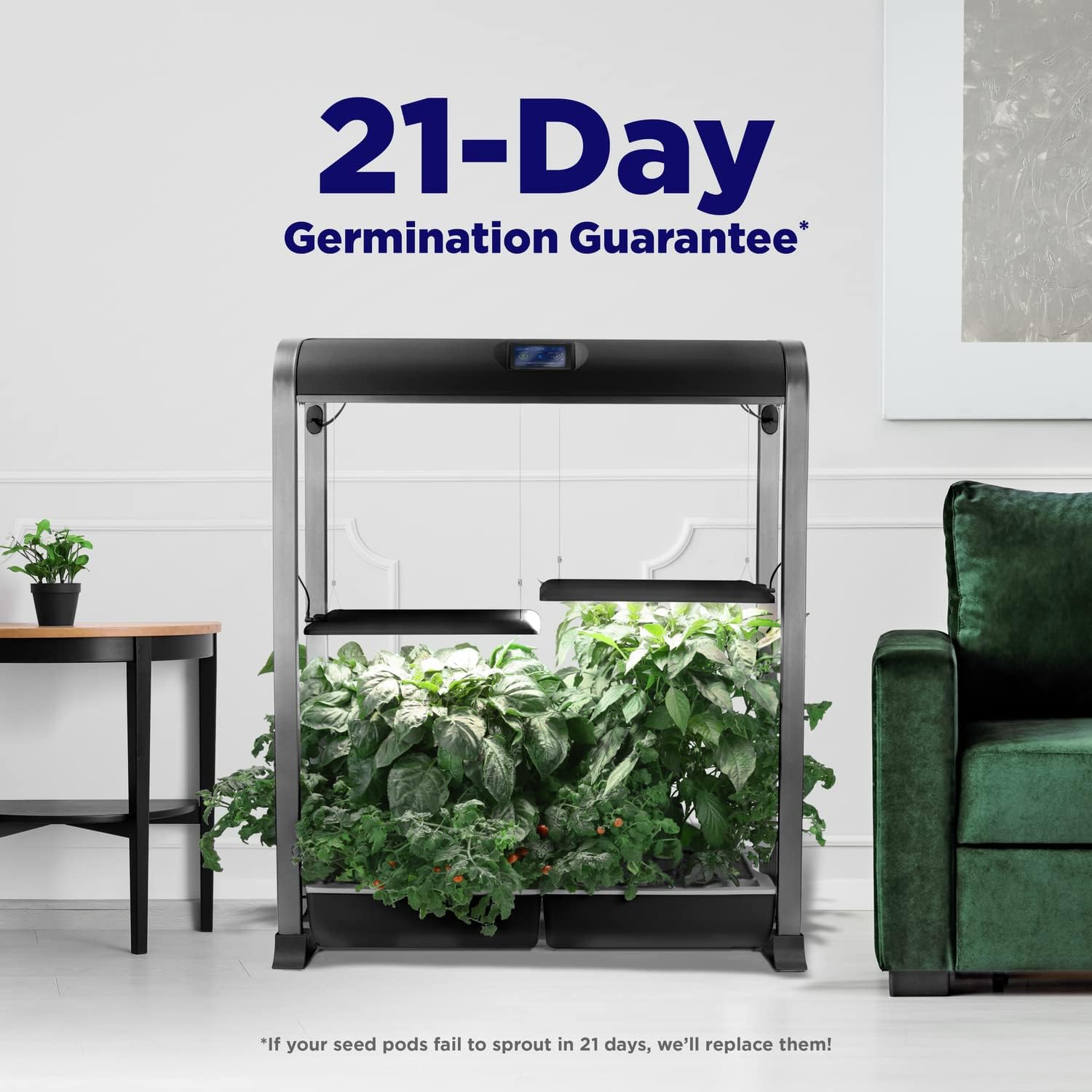 A graphic stating '21-Day Germination Guarantee' with an asterisk, and text below saying '*If your seed pods fail to sprout in 21 days, we'll replace them!'