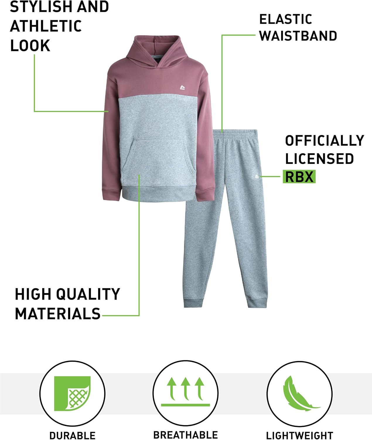 RBX Boys 2 Piece Performance Fleece Pullover Hoodie & Jogger Pants 8-12