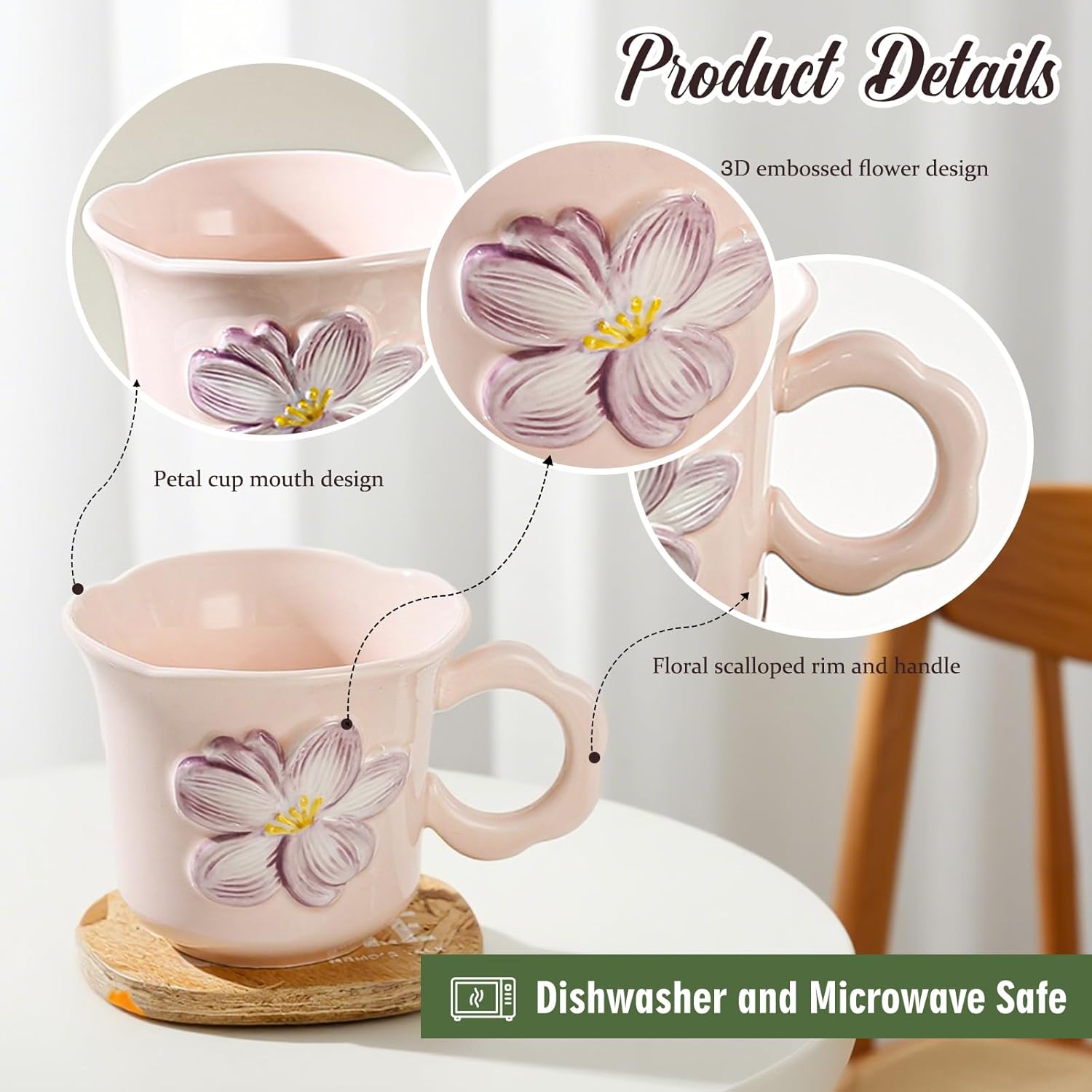 Cute Floral Coffee Mug Set of 4-12oz Ceramic Flower Embossed Cups with Petal Handles, Dishwasher and Microwave Safe - Image 4