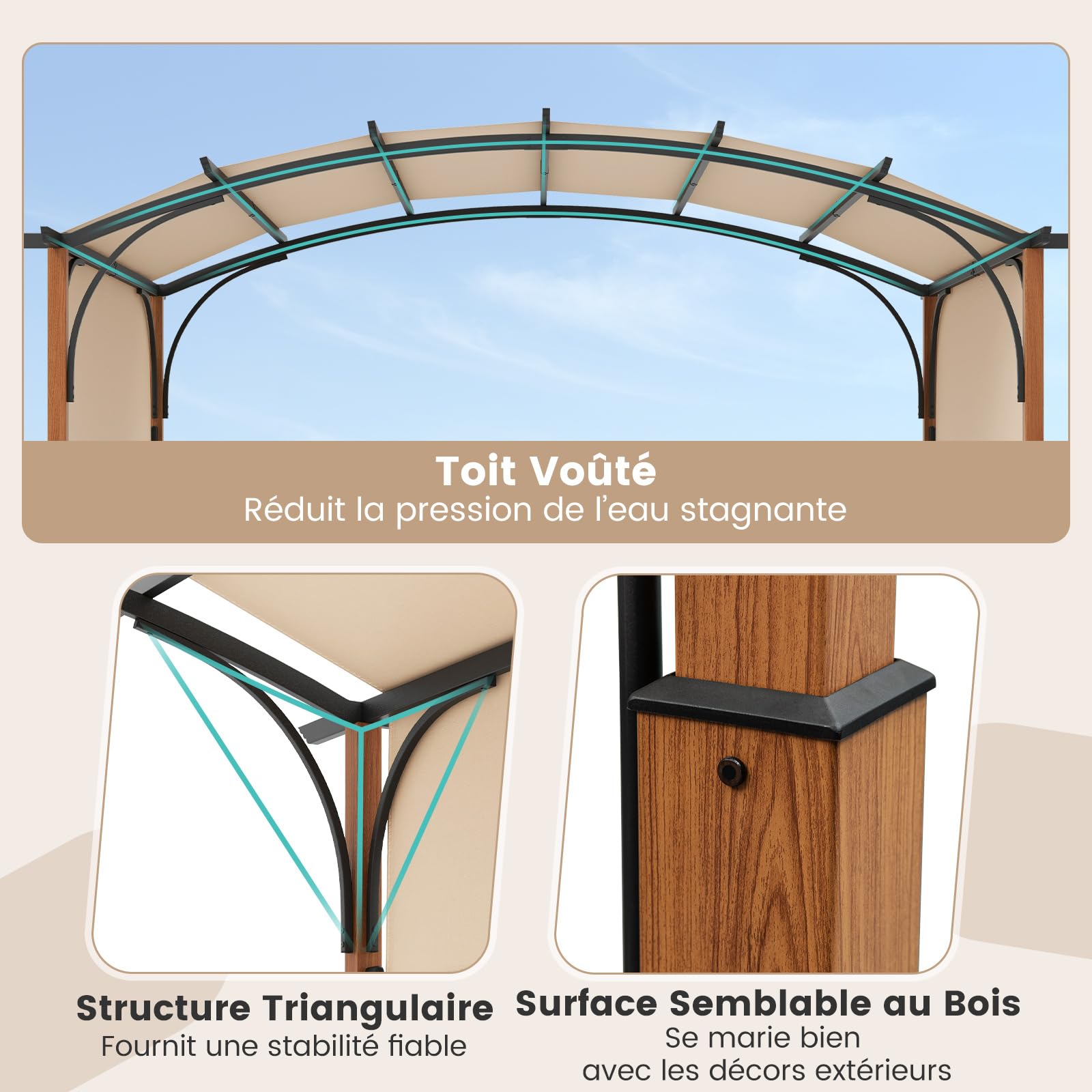 COSTWAY Pergola Rétractable d'Extérieur 300 x 360 CM, Pergola Métallique à Arcs pour Patio avec Auvent Rétractable Poteaux Aspect Bois, Tonnelle Treillis pour Jardin Patio Porche Cou (Beige)