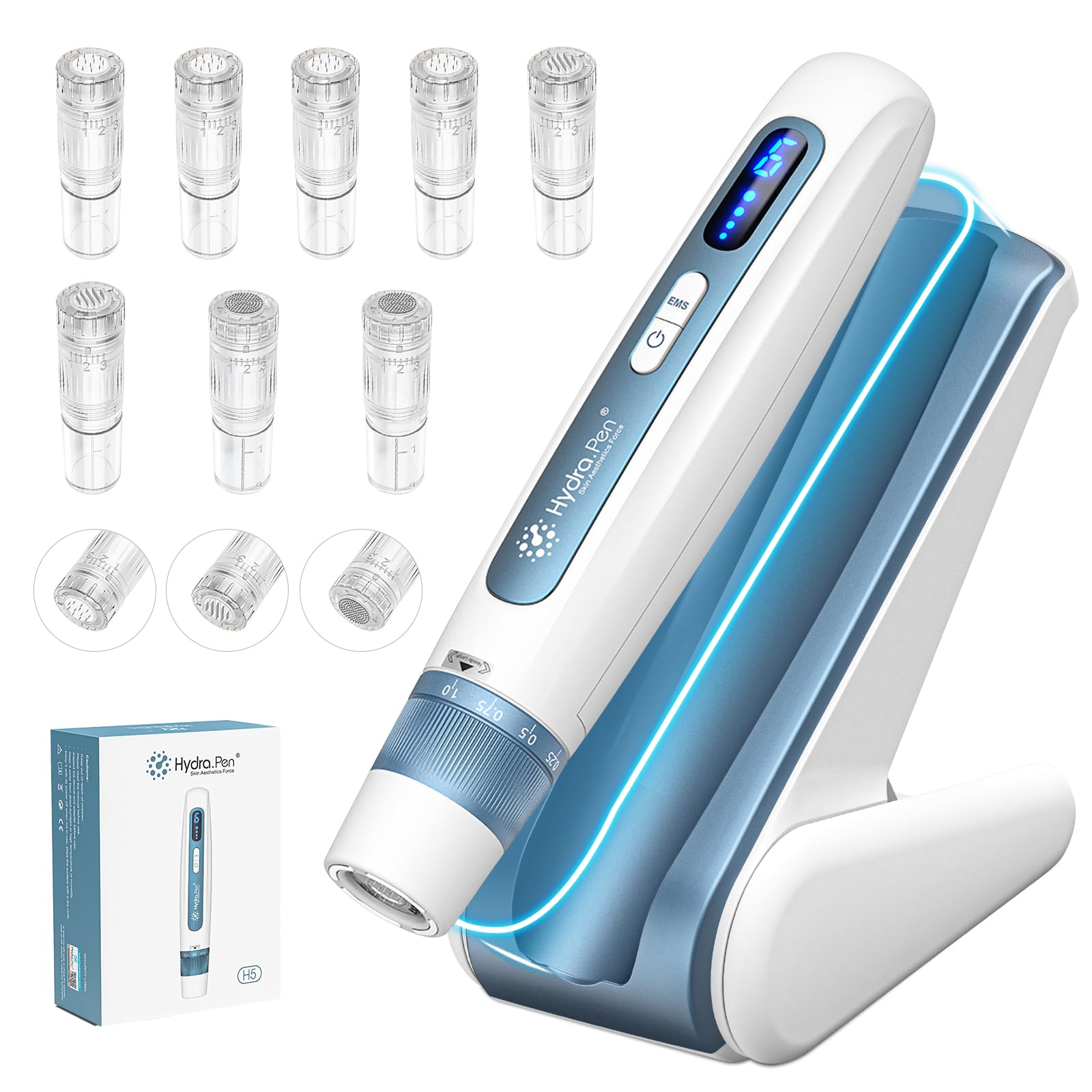 Penna Microneedling Hydra.pen H5,Dermapen Professionale con EMS,Display Digitale a LED, Base con Sensore Intelligente,8 Cartucce (12/36/HR Pins),Dermapen Microneedling per la Cura Della Pelle