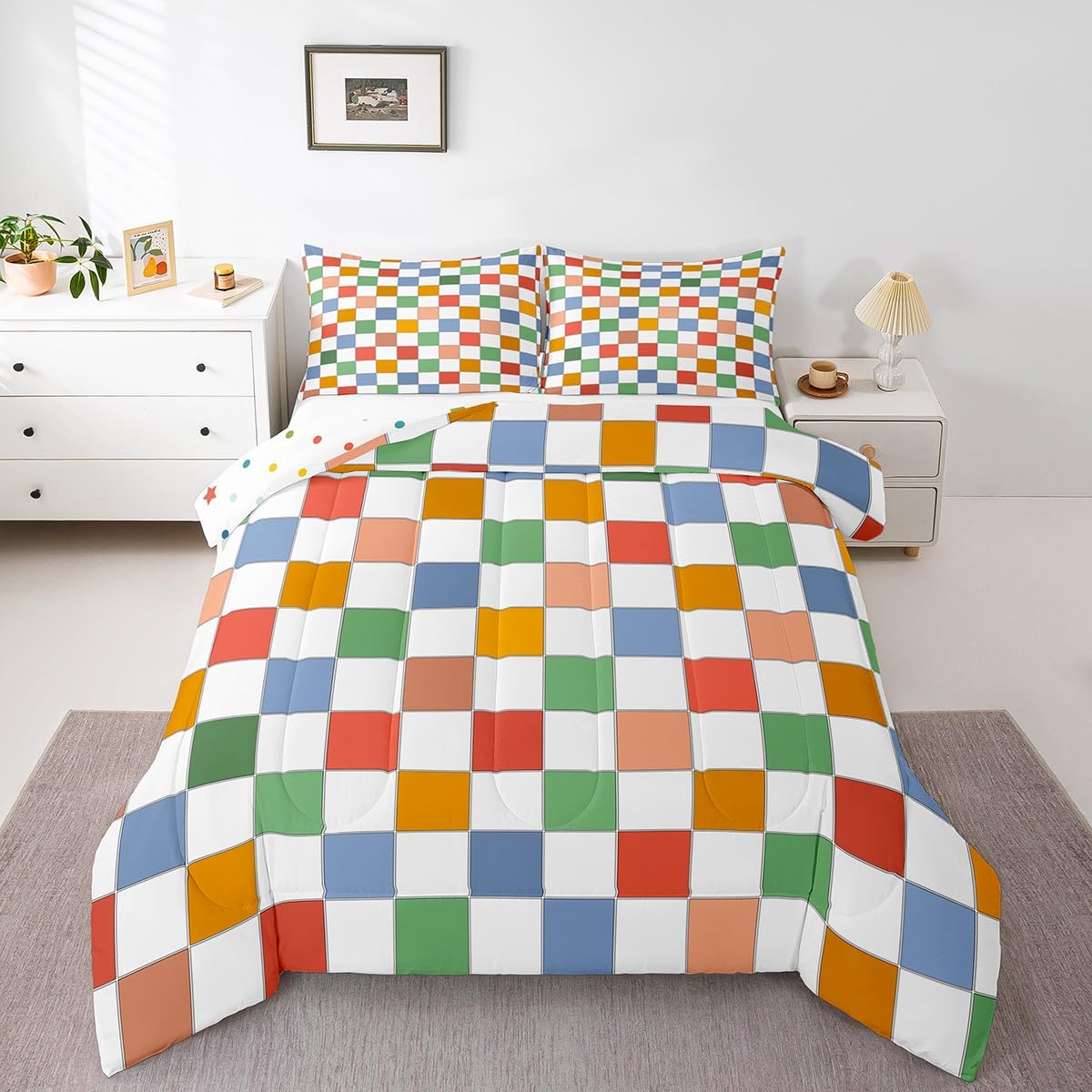 Erosebridal Retro Checkered Quilt Set Vintage 60S 70S Style Funky Geometric Plaid Bedding Set Toddler Retro Checkerboard Grid Comforter Set for Kids Adults Groovy Aesthetic Bed Set Room Decor