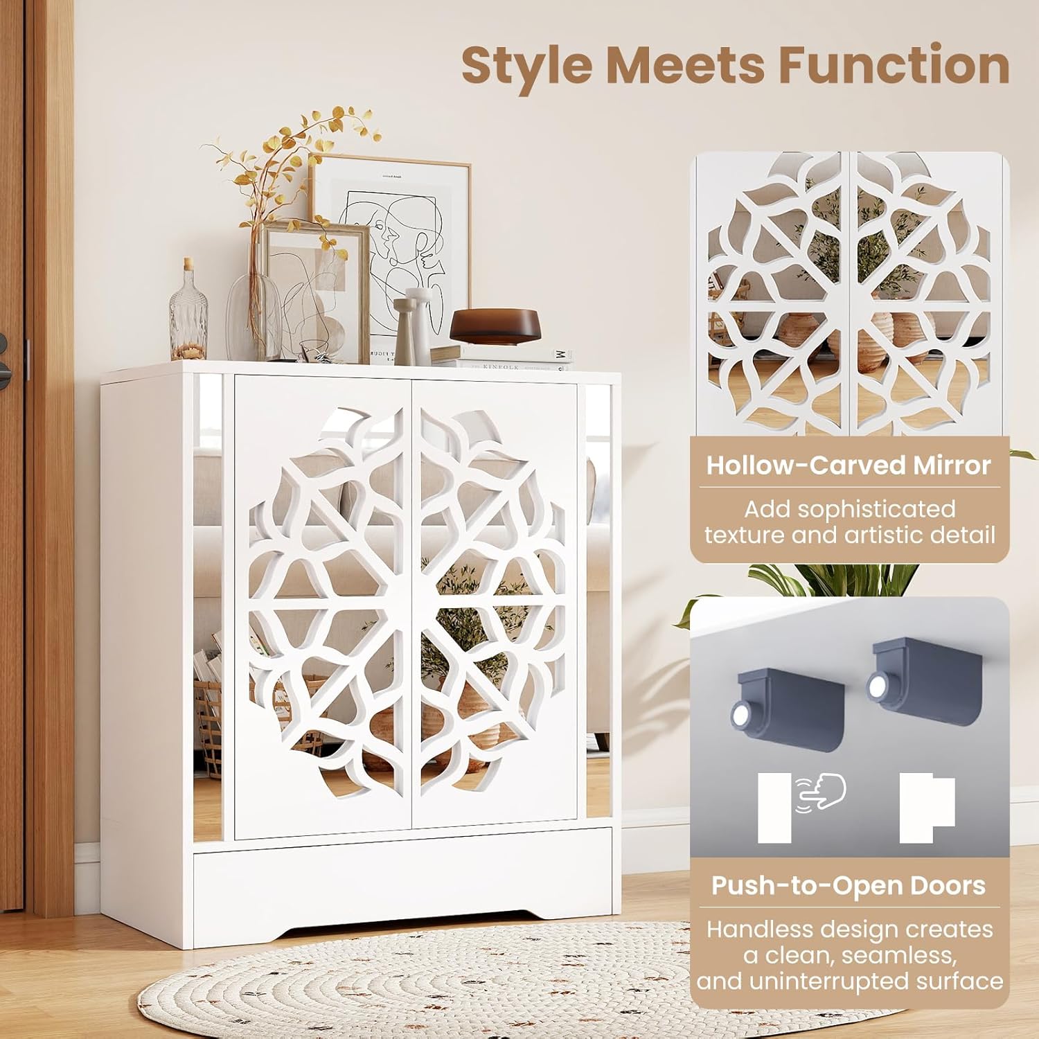 GOFLAME Shoe Storage Cabinet, 4-Tier Mirrored Shoe Cabinet with Doors and Bottom Drawer, Modern Elegant Shoe Storage Organizer for Entryway, Hallway, Living Room, Closet