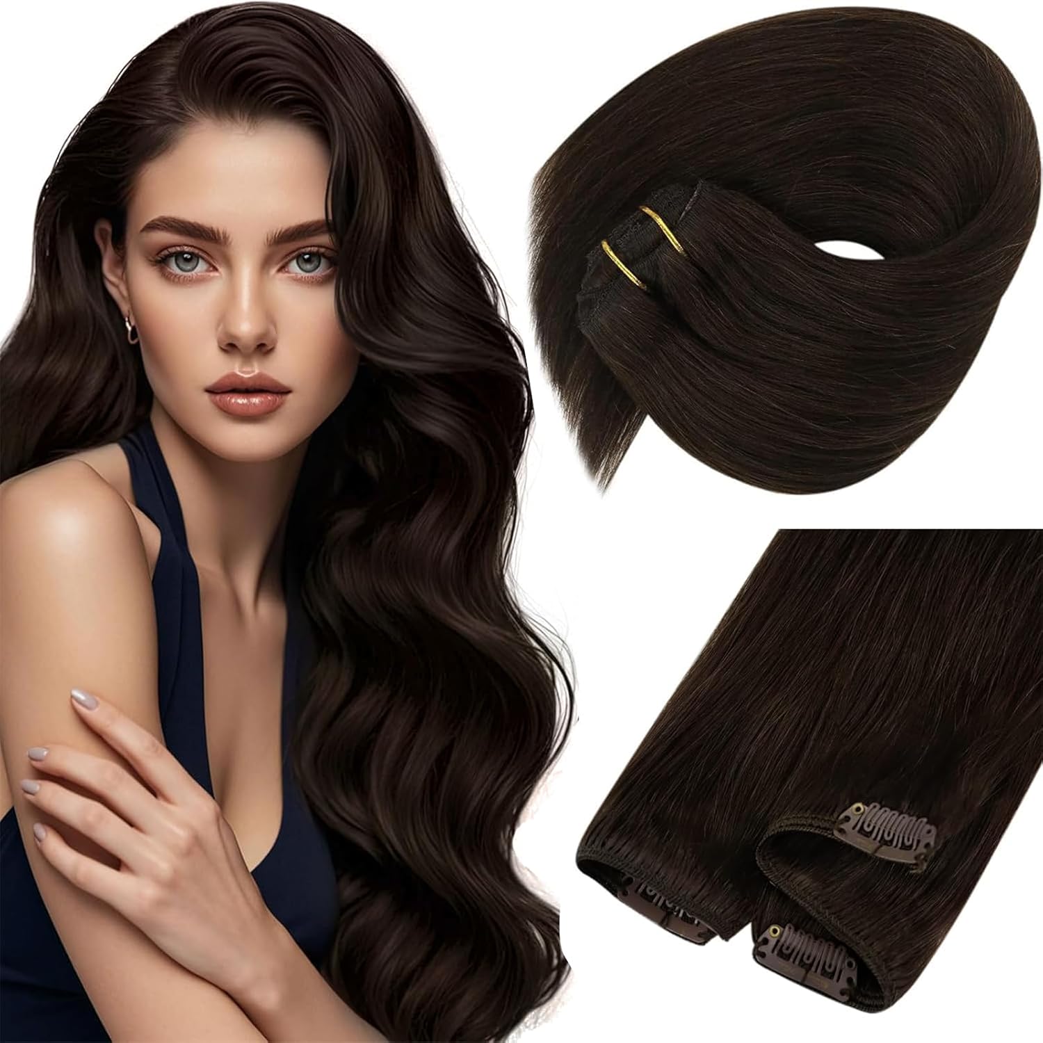 Sunny Hair Clip in Hair Extensions Straight Human Hair Clip in Extensions Remy Clip in Hair Extensions Real Human Hair Extensions Clip ins Dark Brown Hair Extensions 12inch