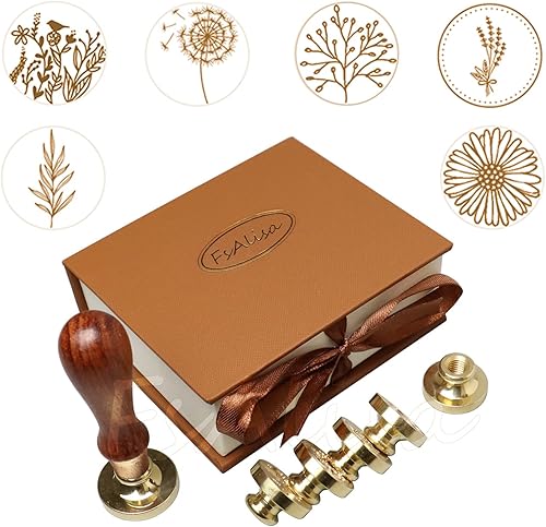 FsAlisa Juego de 6 sellos de cera de sellado, sellos de cobre + empuñadura de madera, kit de sellos de cera vintage con caja de regalo para