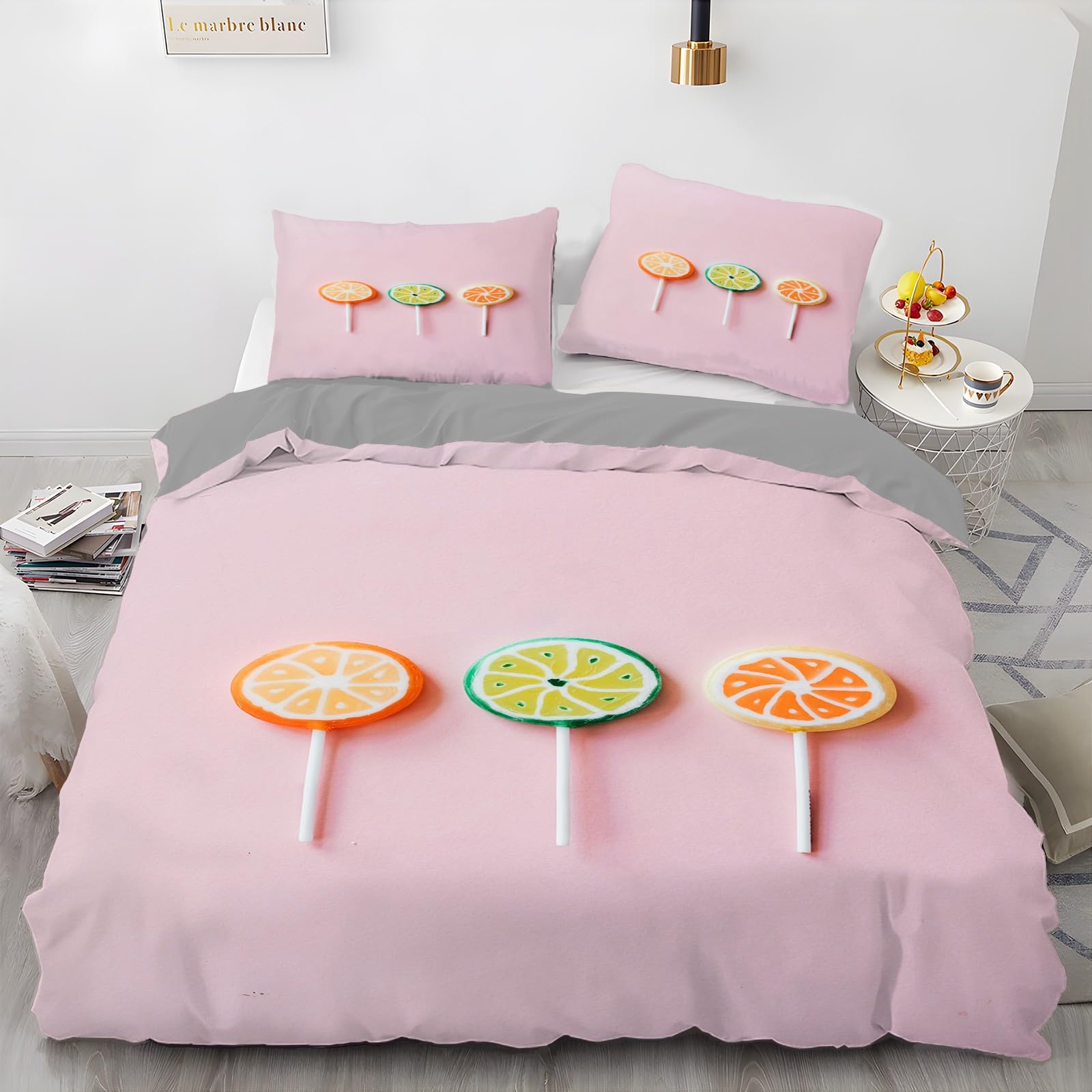 Poszwa na kołdrę 220x240 Zestaw pościeli z mikrofibry pomarańczowo-limonkowej, dla 2 osób i 2 x poszewki na poduszki 65x65 cm Komplet pościeli z zamknięciem na smoczek owocowy