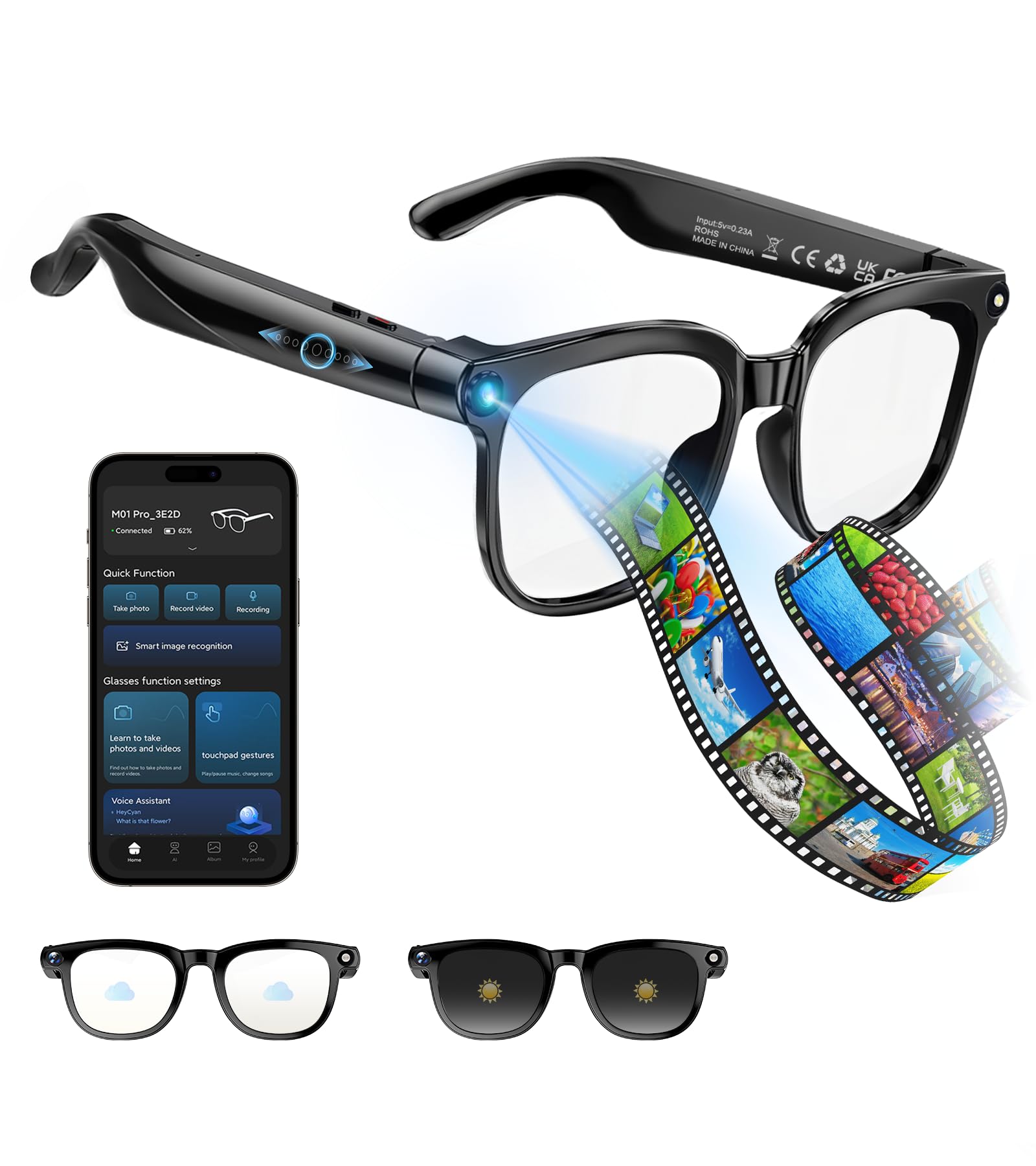 Smart Glasses with Camera and Bluetooth - AI Glasses for Men Anti-Shake Real-Time Translation Object Recognition ChatGPT Assistant Long Battery Life for Meetings Video Recording Vlogs (Universal Size)-image-9