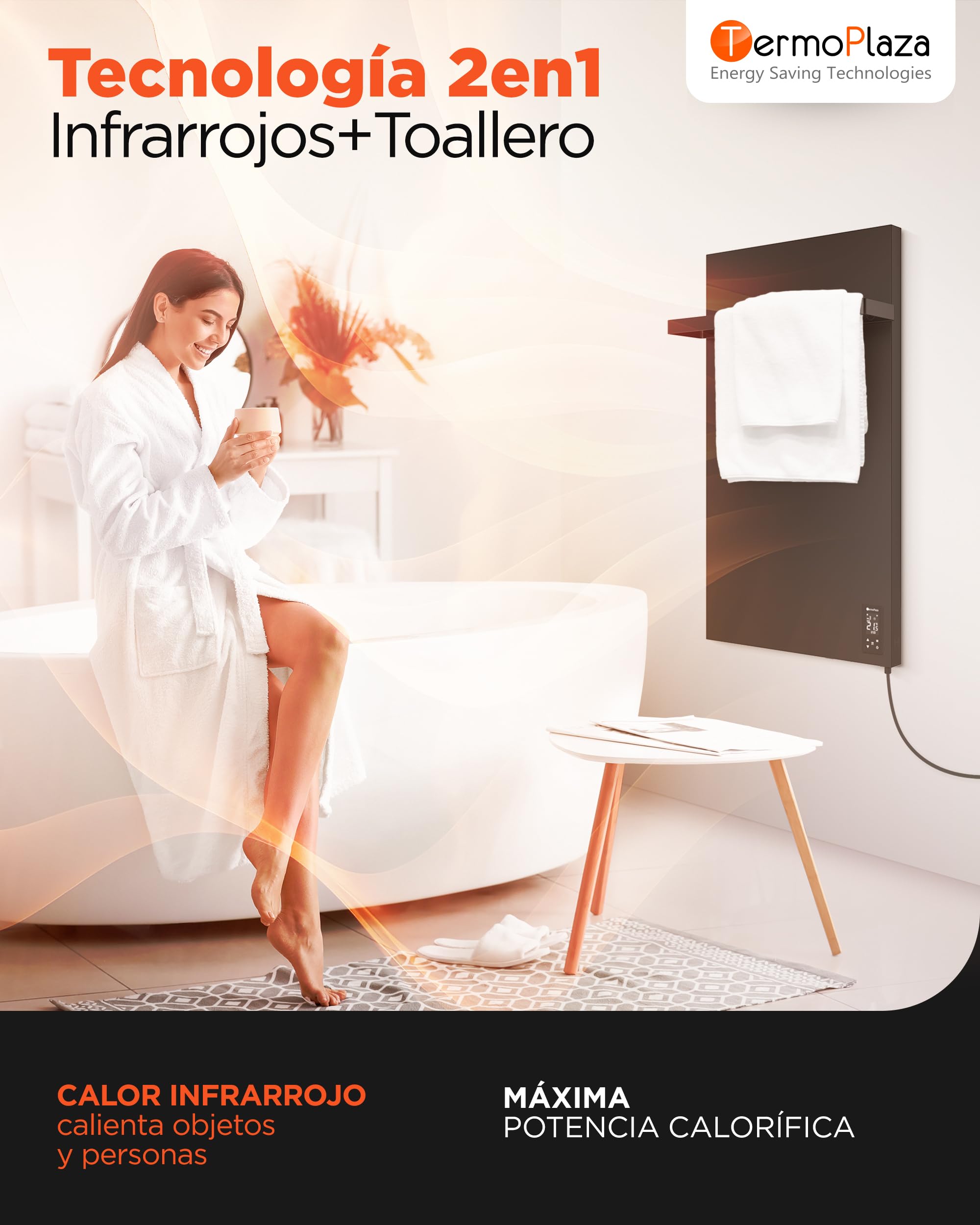 Termoplaza Toallero Eléctrico WiFi Baño Infrarrojo 270 Vatios hasta 7m2 - Radiador Eléctrico Bajo Consumo - Infrarrojo Calefacción - Radiador Toallero Negro - Calefactor Bajo Consumo