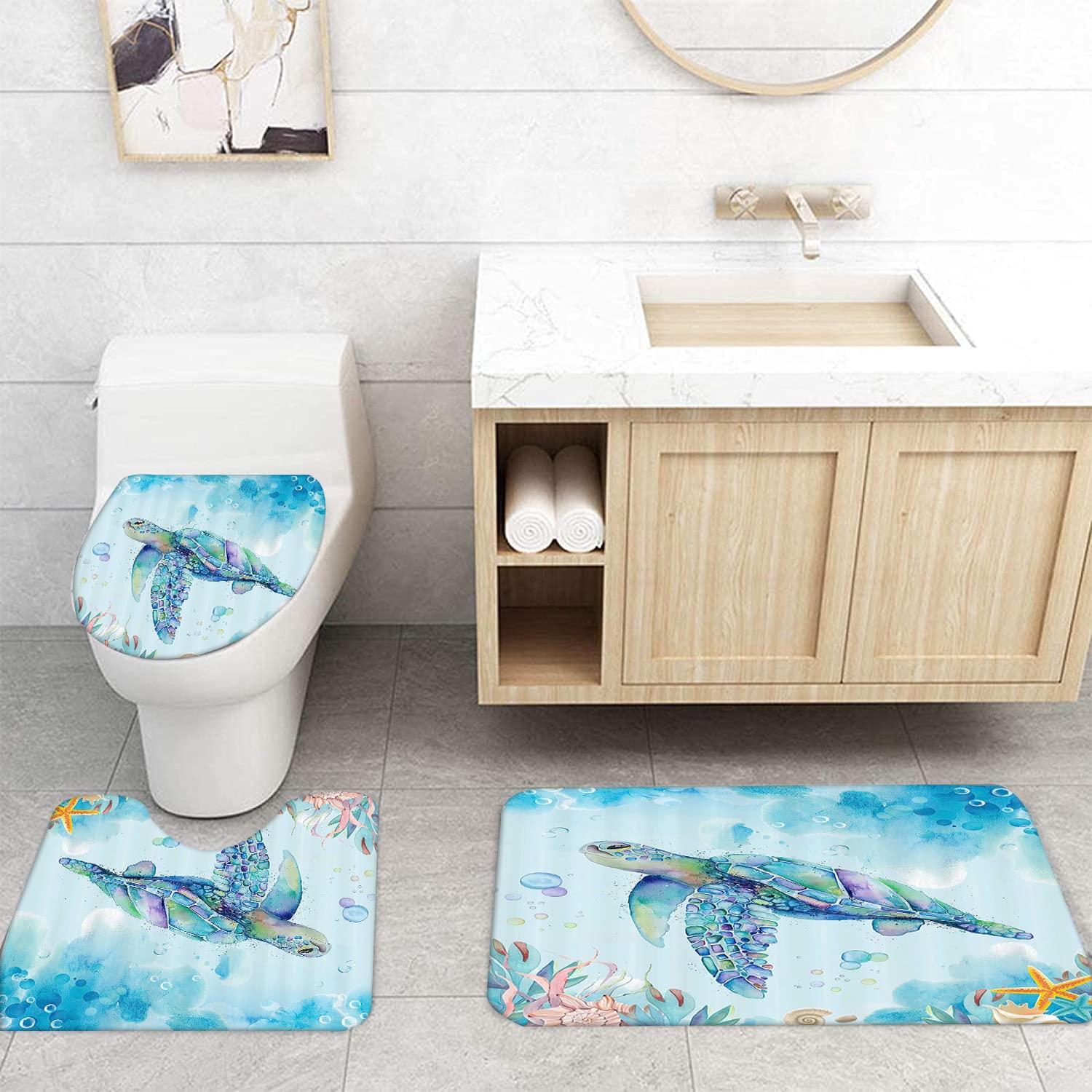 Set Bagno 4 Pezzi Con Tartarughe Marine - Tenda, Tappeti E Copriwater, Impermeabile, Antiscivolo