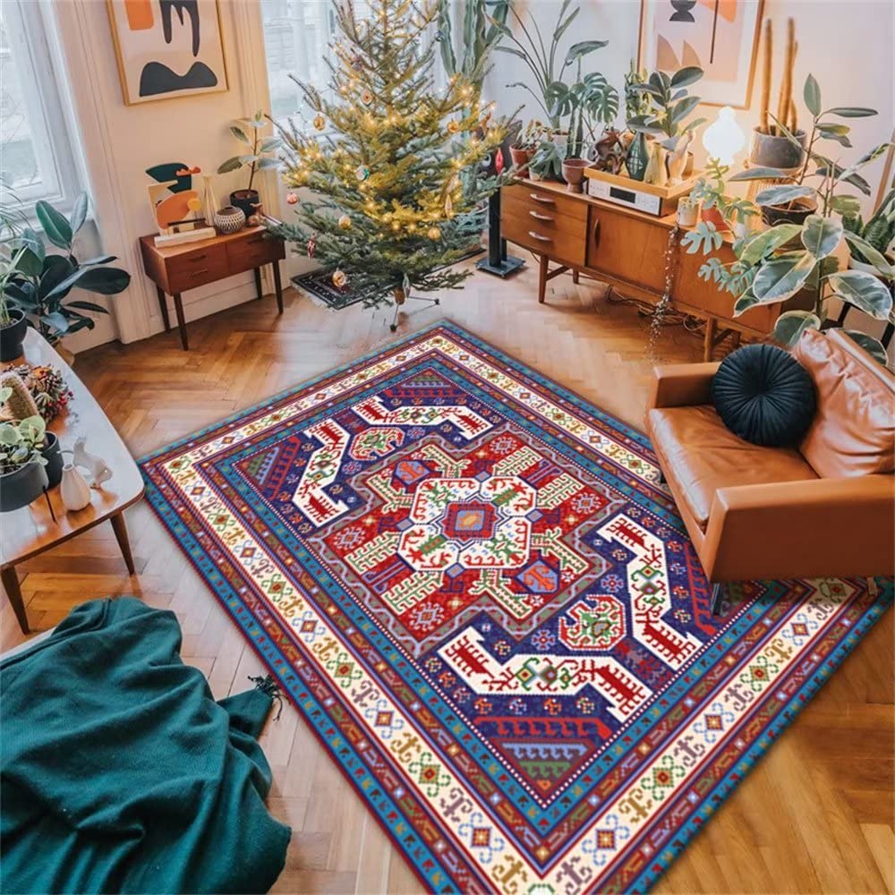 Tapis de balcon de salon anti-plis design floral géométrique carré rouge et bleu