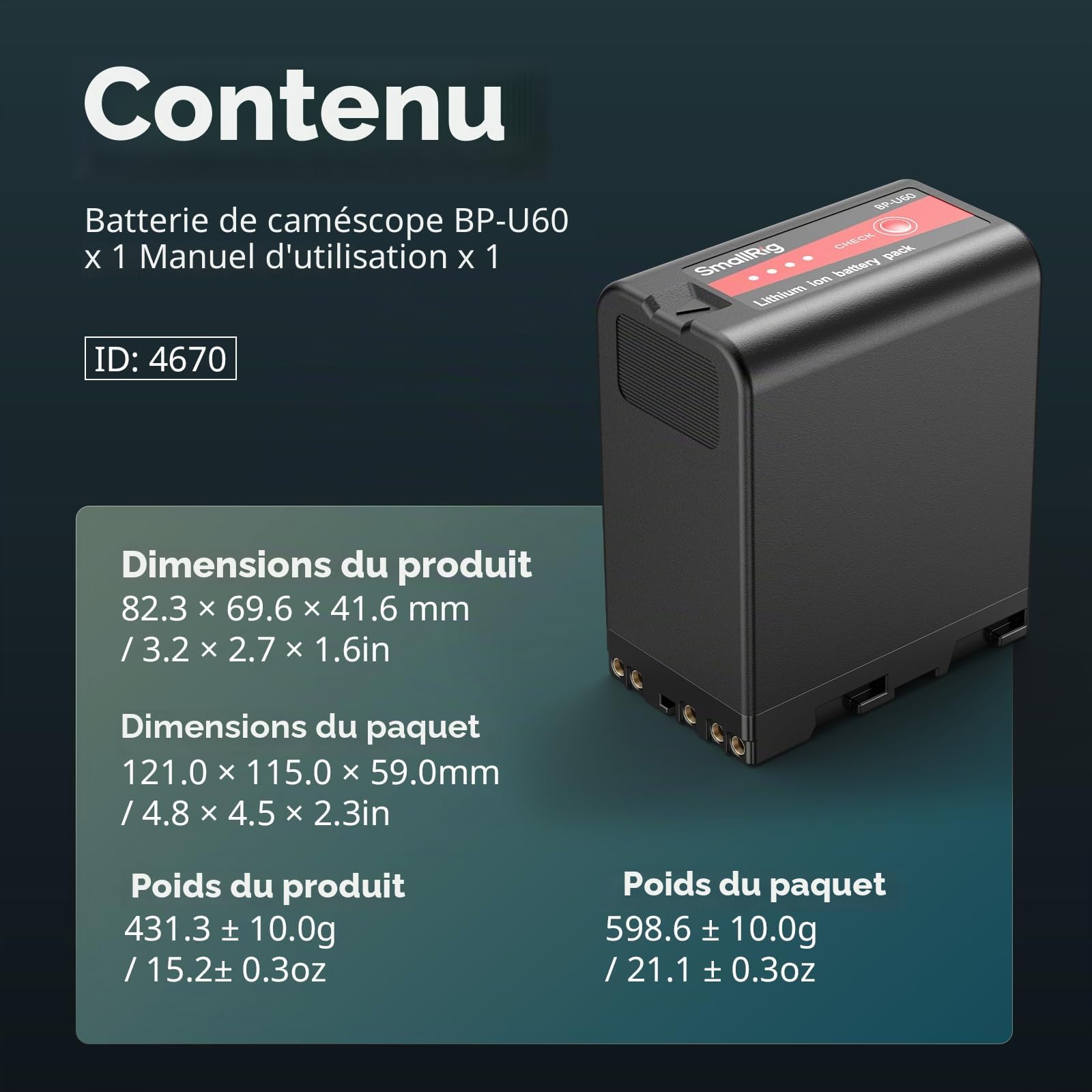 SMALLRIG Batterie Compatible avec BP-U60 pour Sony FX6, FX9, FS5, FS7, FS5M2, FS7M2, X280, Z280, 99 Wh / 6800 mAh, Batterie de Rechange, avec Indicateur de Batterie - 4670