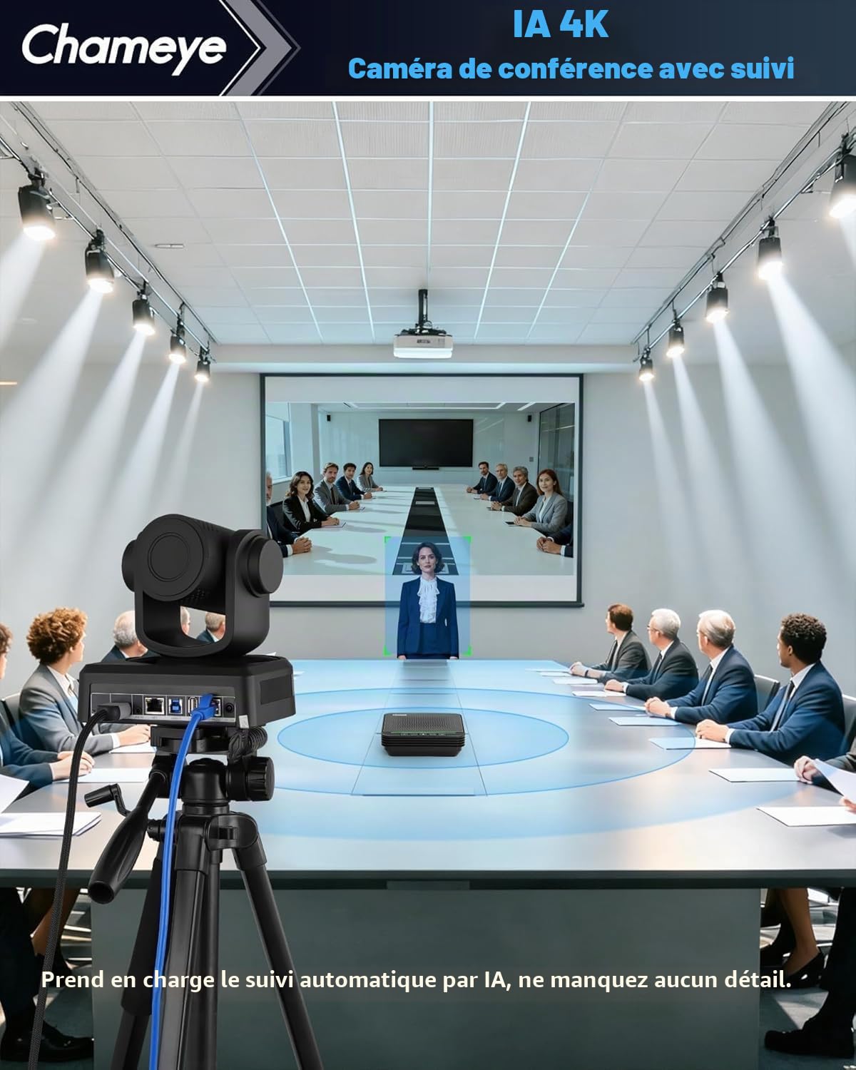 Chameye 4K PTZ Caméra de Conférence avec Haut-Parleur Bluetooth 10X Zoom Suivi Automatique AI USB3.0 HDMI PTZ Caméra Vidéoconférence pour Éducation Teams Zoom (CB101)