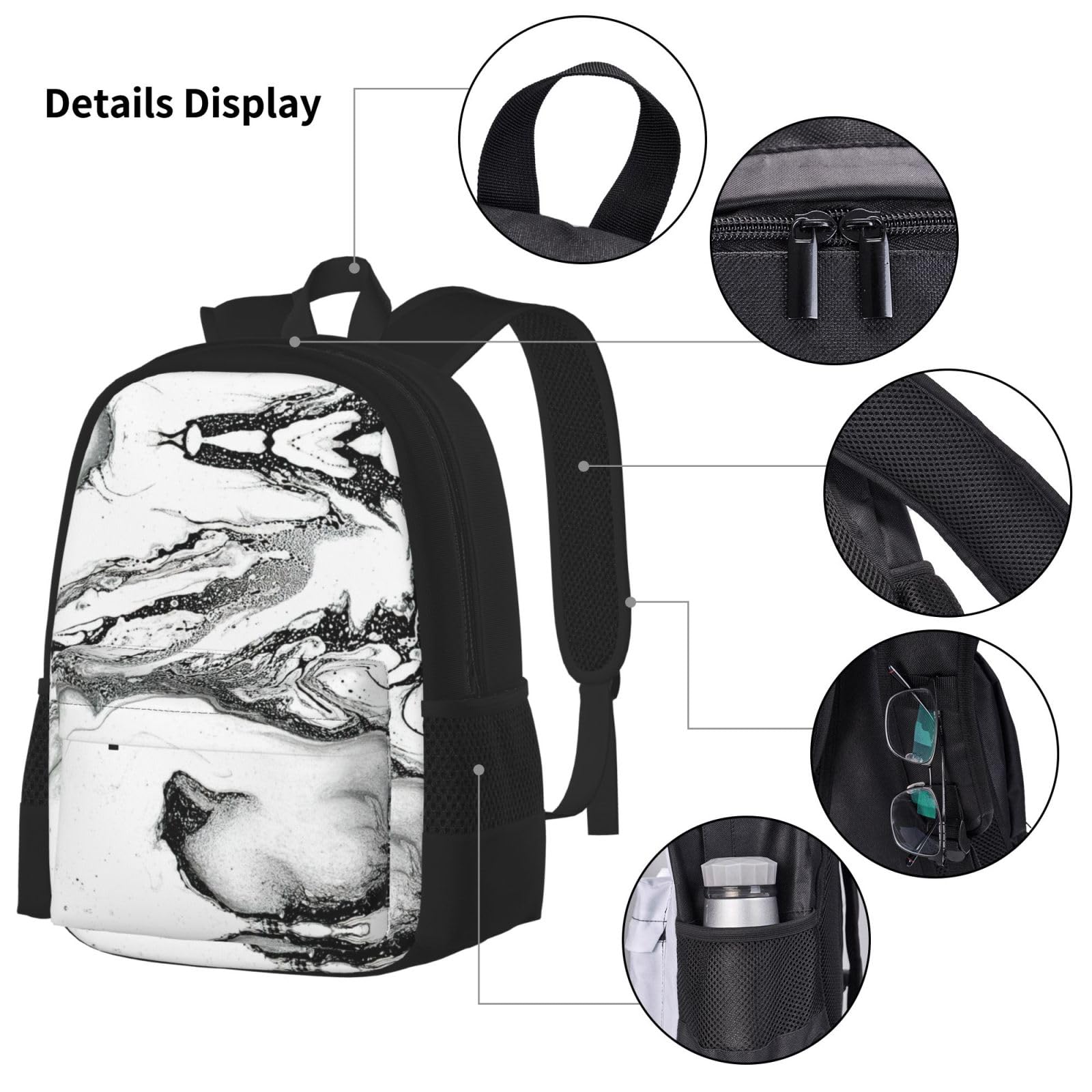 Juego de 3 mochilas escolares con estampado de mármol blanco y negro, mochila para laptop de gran capacidad resistente al agua con bolsa de almuerzo aislada y estuche para lápices para