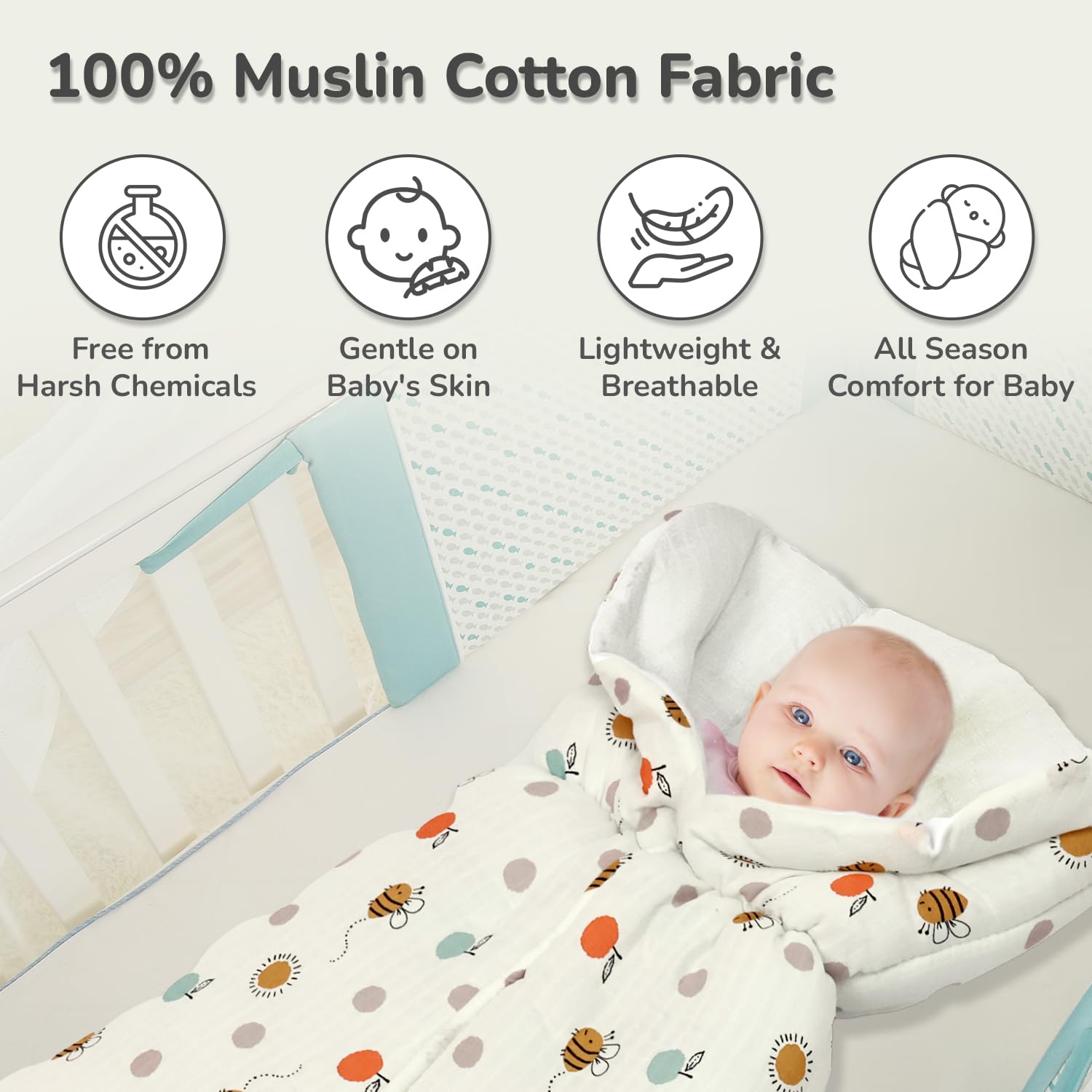 R for Rabbit Snuggy Bliss Baby Sleeping Bag Bedding Set | Premium 100% Muslin Cotton Carrying Nest for New Born Babies & Infant | Travel Friendly for 0-6 Months Baby Girl and Boy (Honey White) - Image 3 thumbnail