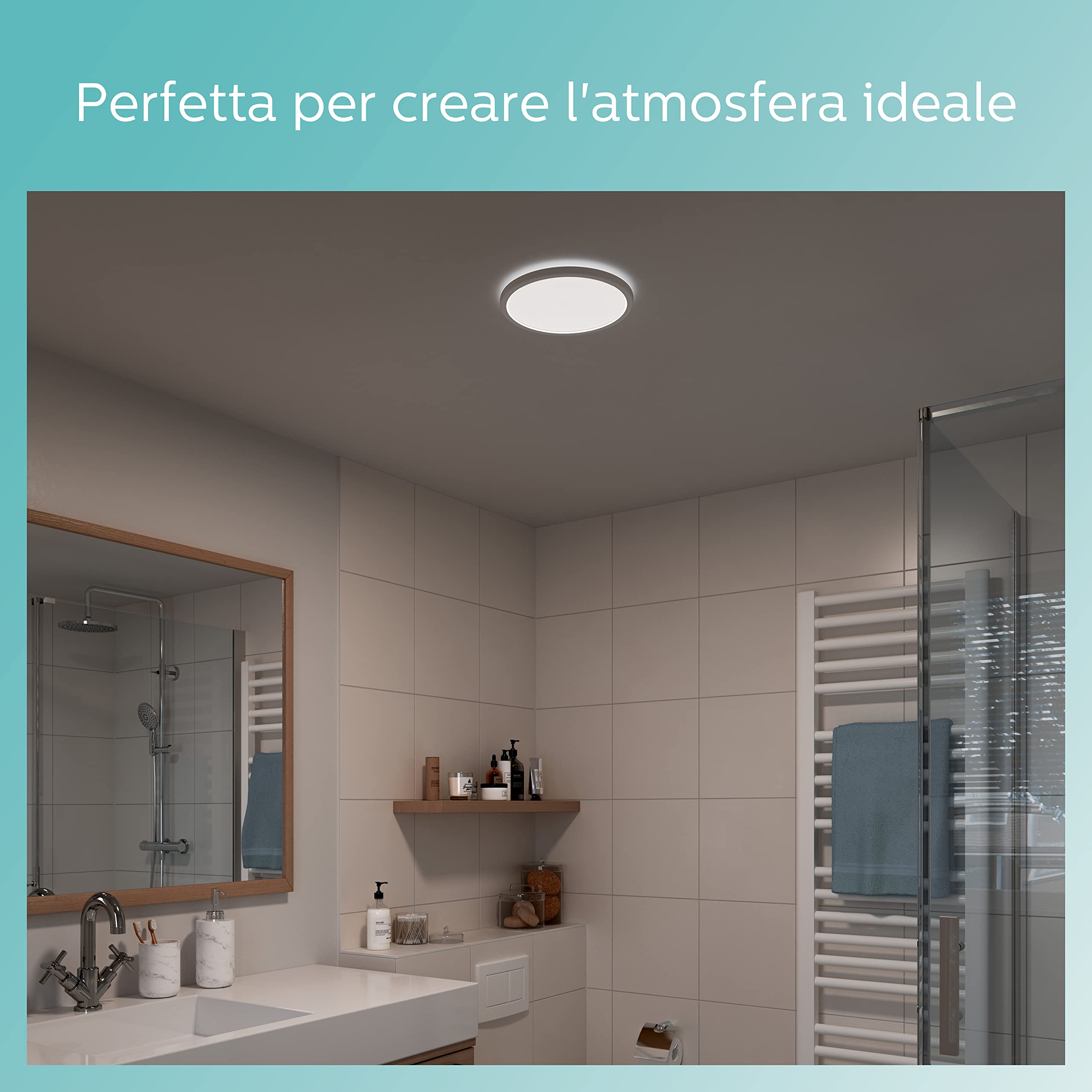 Philips LED soffitto bagno Superslim, bianco, 15W, luce bianca neutra 4.000K, 3 impostazioni di luce - dimmerabile senza dimmer, protezione IP44, confezione doppia