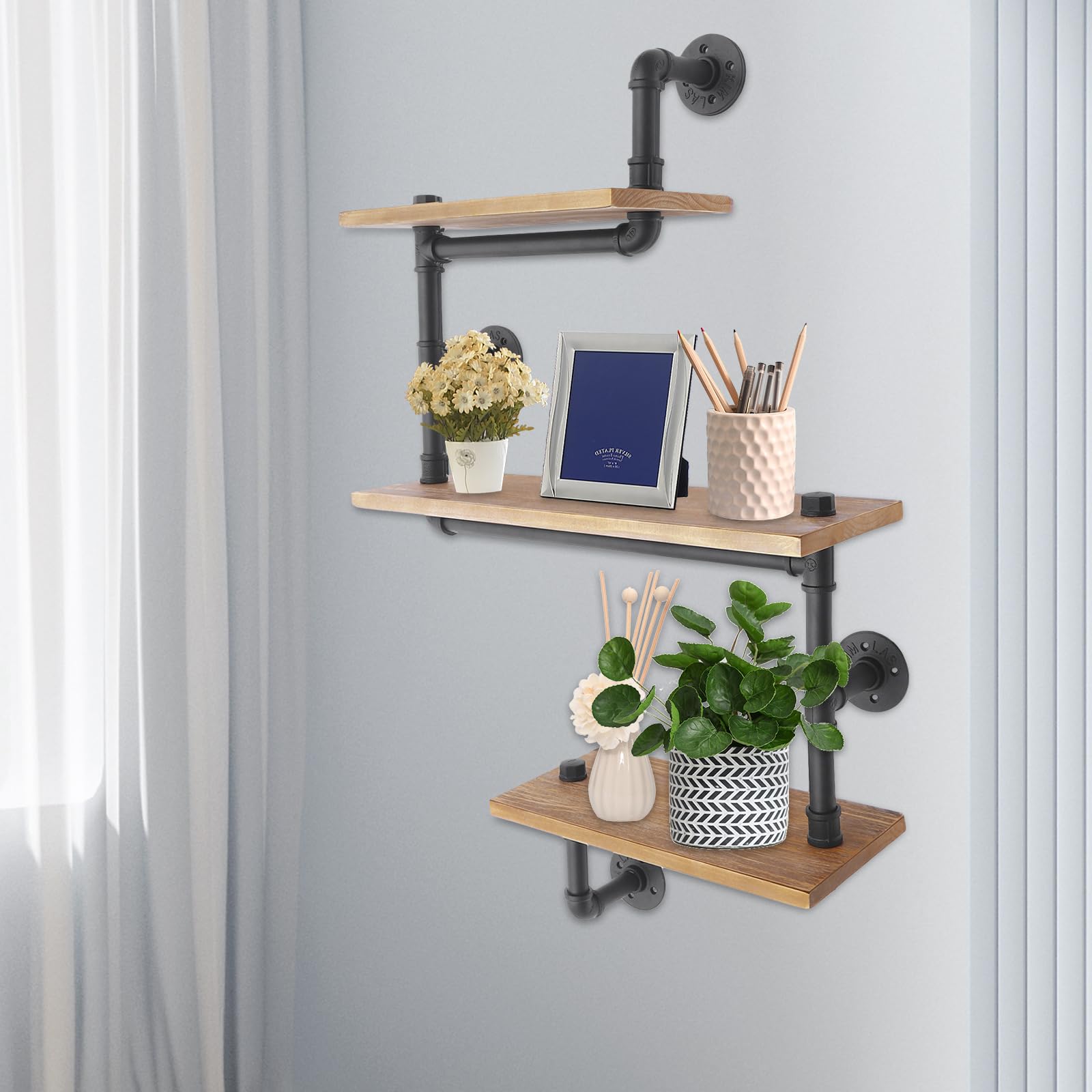 Regał ścienny, drewniany, metalowy, 3-poziomowy, do montażu na ścianie, przemysłowy design, regał kuchenny, regał na książki, do salonu, kuchni, biura