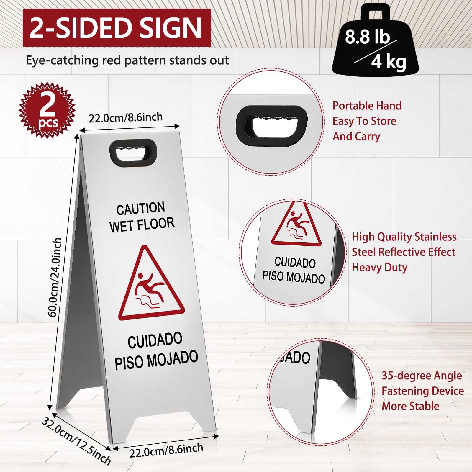 MorningRo 2 letreros de acero inoxidable de 24 pulgadas, resistentes con precaución y suelo mojado, doble cara, portátil, plegable, advertencia de seguridad bilingüe para restaurante, baño, oficina