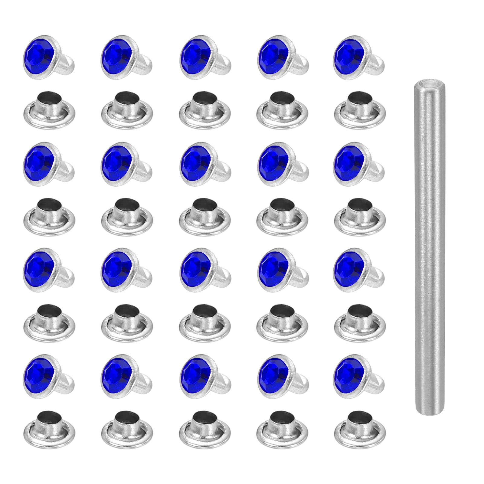 sourcing map 100pcs Crystal Rivets 6mm Rhinestone Rapid Stud Rivets with Steel Installation Tool for Clothing Leather Fabric Arts Crafts Decoration Leathercraft DIY, Silver Blue โ image 1