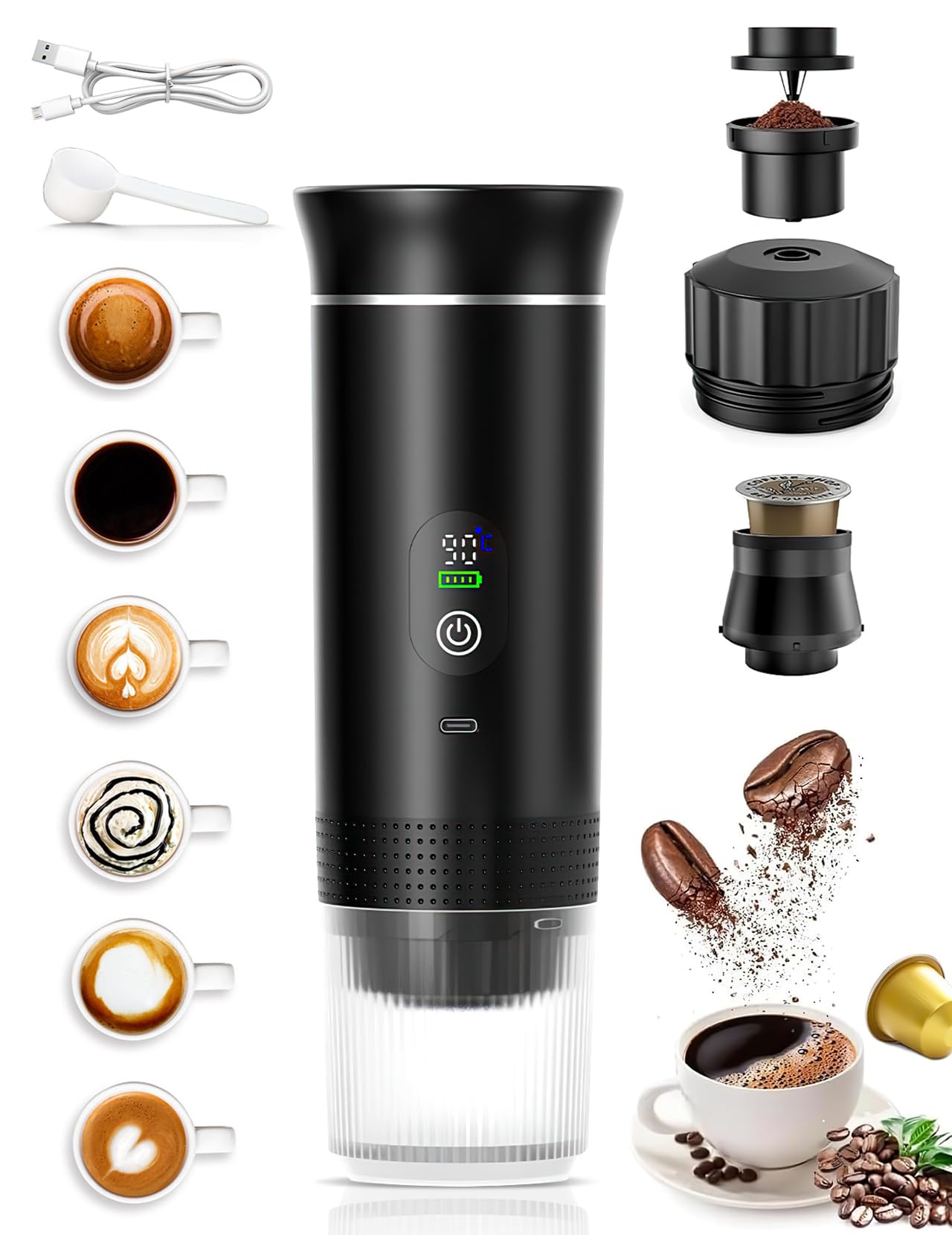 Cafetera Portátil, Cafetera Eléctrica Espresso con Autocalentamiento | 2 en 1 Compatible con Café Molido y Cápsulas de Café para Acampar, Hacer Senderismo y Viajar
