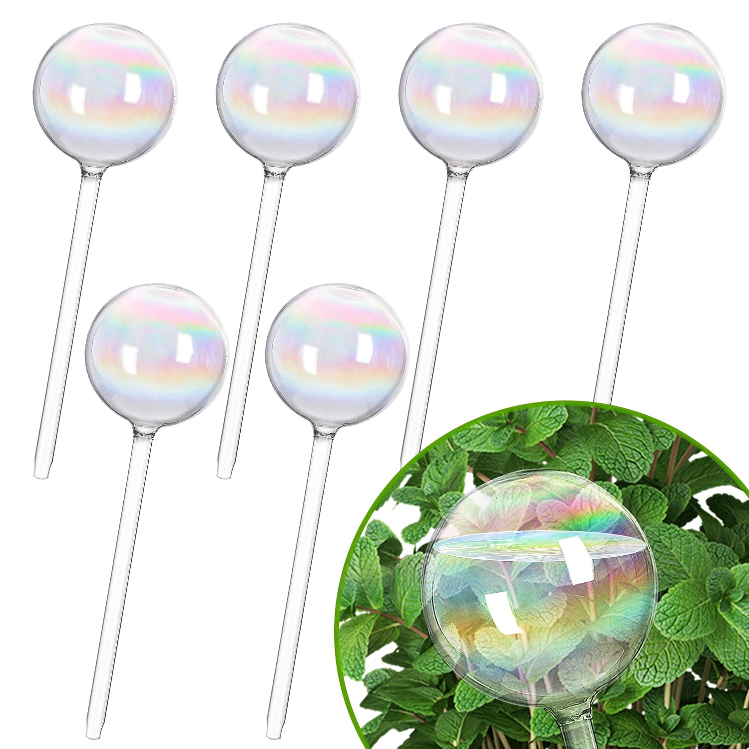 Sawowkuya6 Pcs Plant Watering Globes, 9 Inch Iridescent Self Watering Planter Insert, Glass Plant Watering Devices for Indoor and Outdoor Plants Waterer Accessories