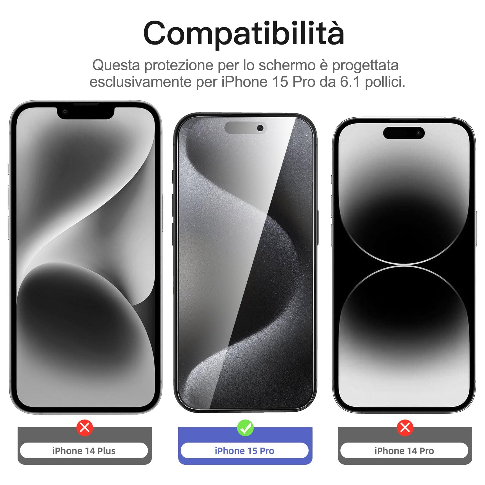 Pellicola E Protezione Fotocamera Per IPhone 15 Pro (6,1″): Vetro Temperato 9H Anti-Spia (3+3 Pezzi)