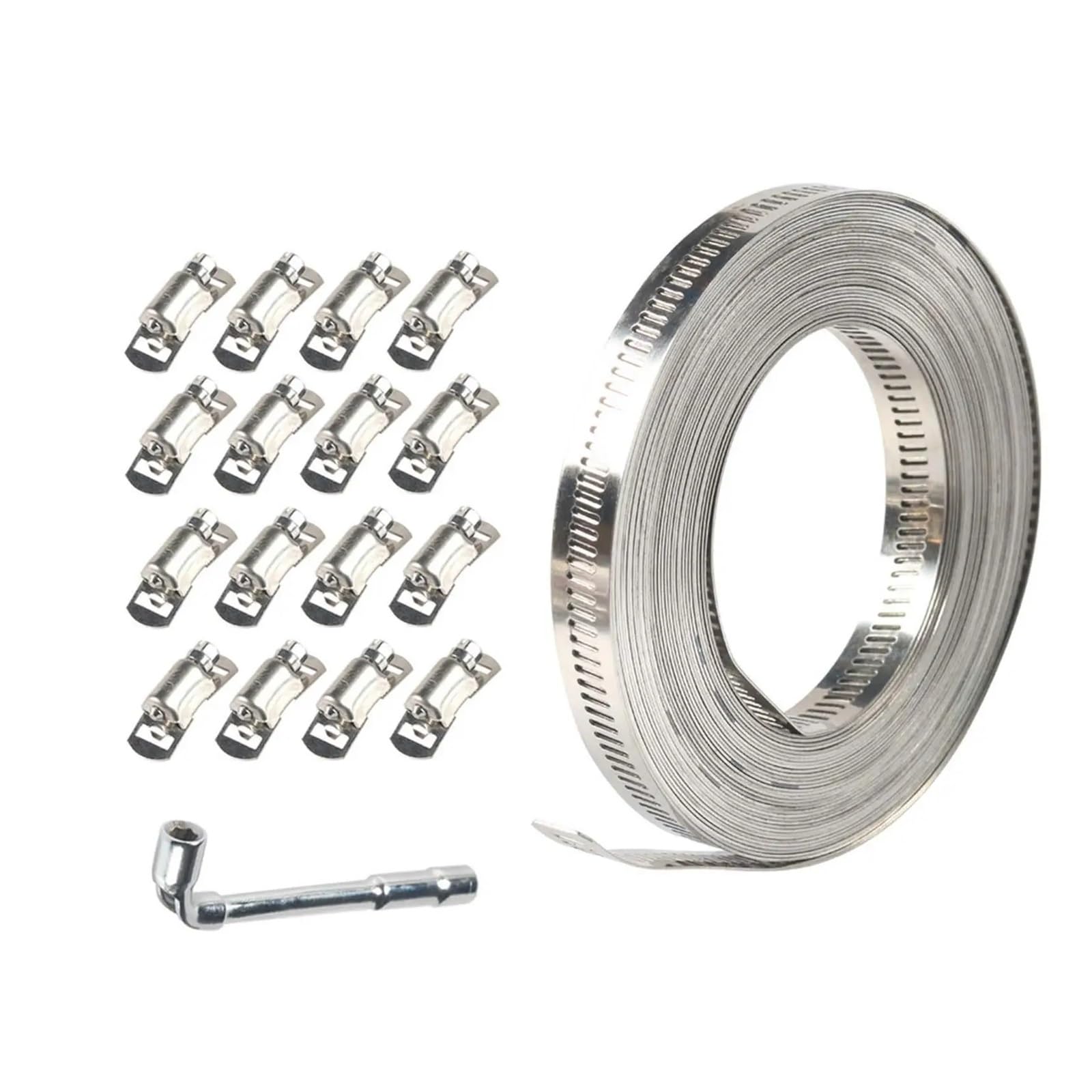 Juego de 2 abrazaderas manguera acero inoxidable, correa Metal ajustable, Clip tornillo for poste mecánico, plomería, engranaje sin fin, conducto aire para Manguera(10m (with 16 fastener))