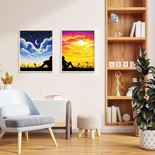 Miniatura 7 de Paquete de 2 lienzos predibujados de 12 x 16 pulgadas para pintar para adultos, kit de sorbo y pintura para parejas de adultos, suministros de