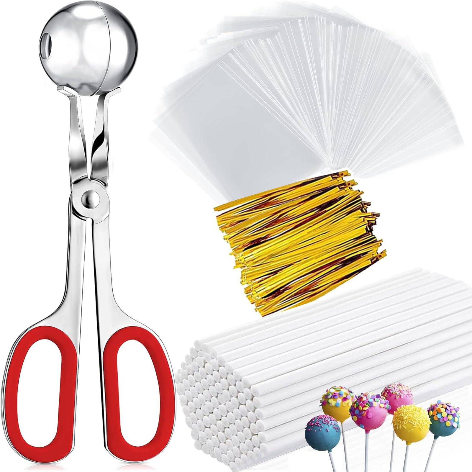 6 inch Cake Pop Sticks and Wrappers Kit Including 6 inch Paper Lollipop Sticks, Candy Treat Bags, Twist Ties and Meat Baller with Handles Cake Pops Supplies for Lollipop,Candies