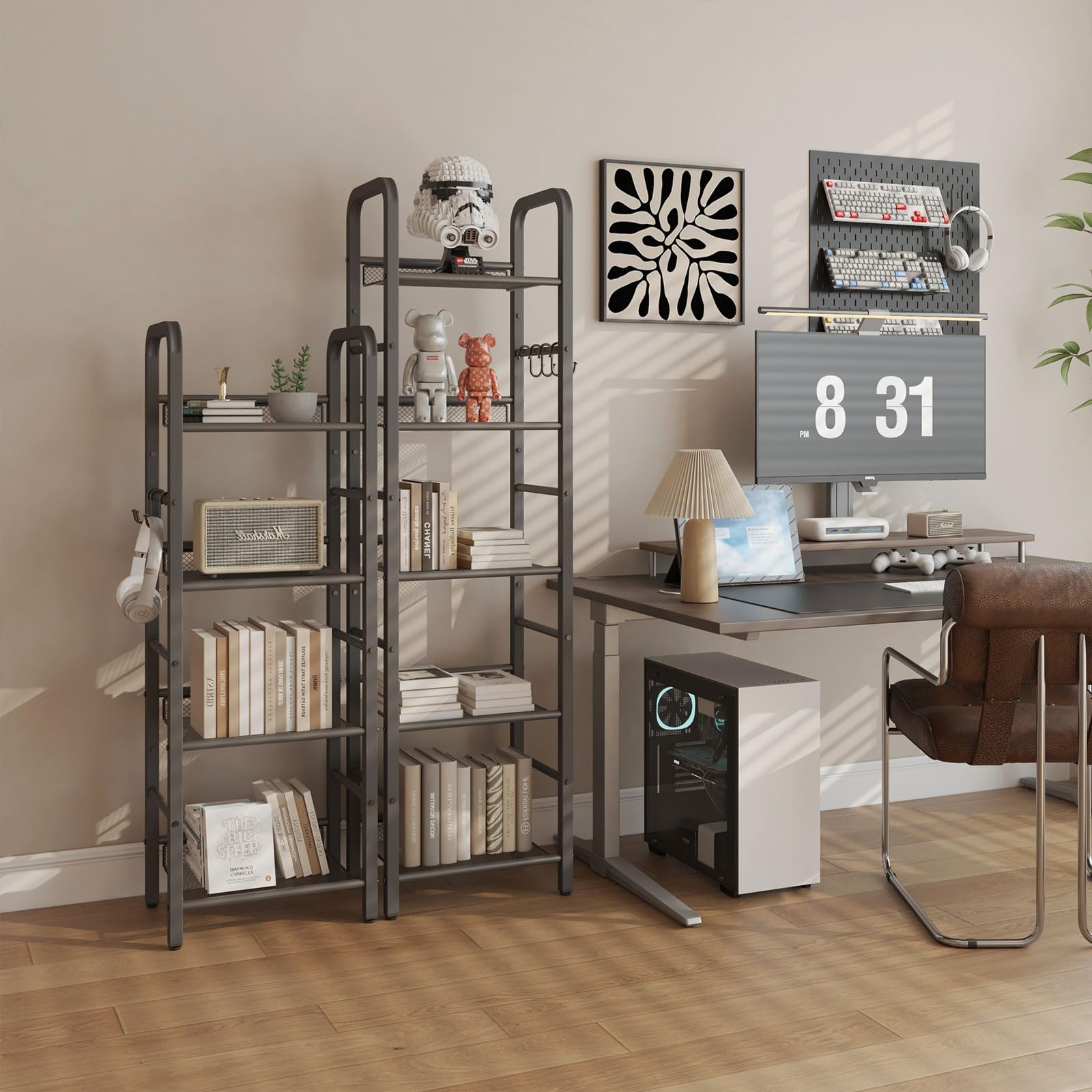 YMYNY Estantería de 5 Niveles, Librería, Biblioteca, Estante de Almacenamiento, con Gancho en S de 8 Piezas, Marco Metálico, Estilo Minimalista, para Sala de Estar, Oficina, Baño, Negro HBC055B