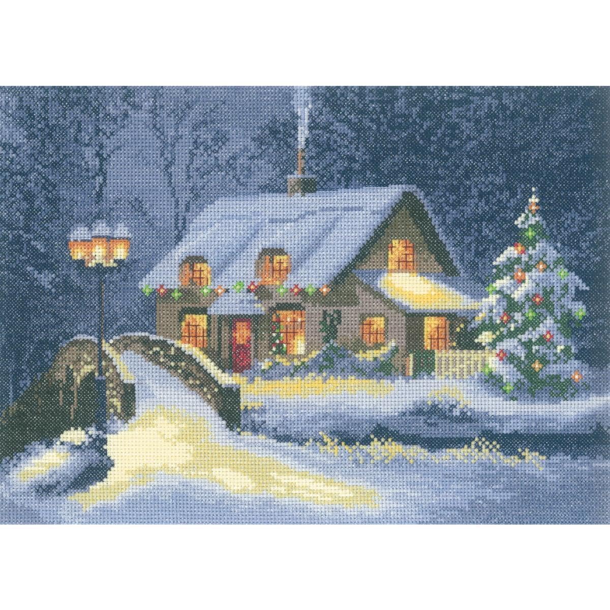 Heritage Crafts White 14 Count Aida John Clayton Scenes Christmas Cottage Counted Cross Stitch Kit
