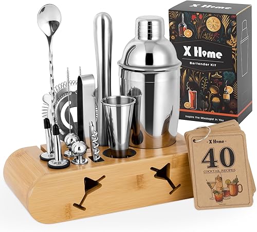 X Home Kit de camarero con soporte de bambú, juego de coctelera de 15 piezas para entusiastas y principiantes Incluye coctelera de Martini, Jigger