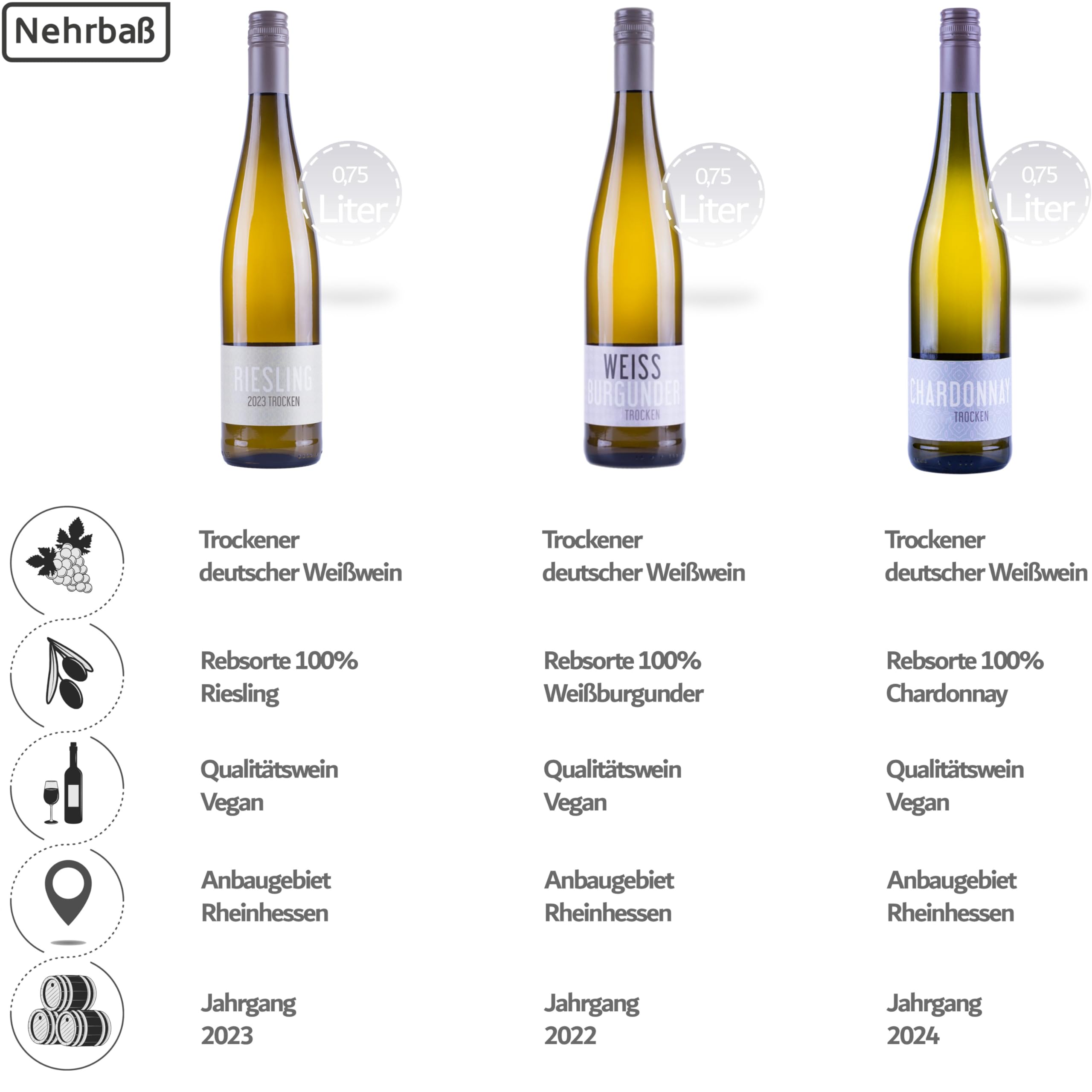 Nehrbaß - Weißwein trocken - Probierpaket 6 x 0,75 Liter aus: 2 x Riesling 2023, 2 x Weißburgunder 2022, 2 x Chardonnay 2024 - Qualitätswein - Vegan - Aus Deutschland (Rheinhessen)