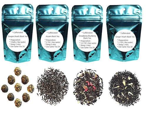 Chinese Tea Culture 4 muestras de té negro, con cafeína, té negro dulce, sin azúcar añadido, té de lichi, té de fresa y arándano, té de despertar,