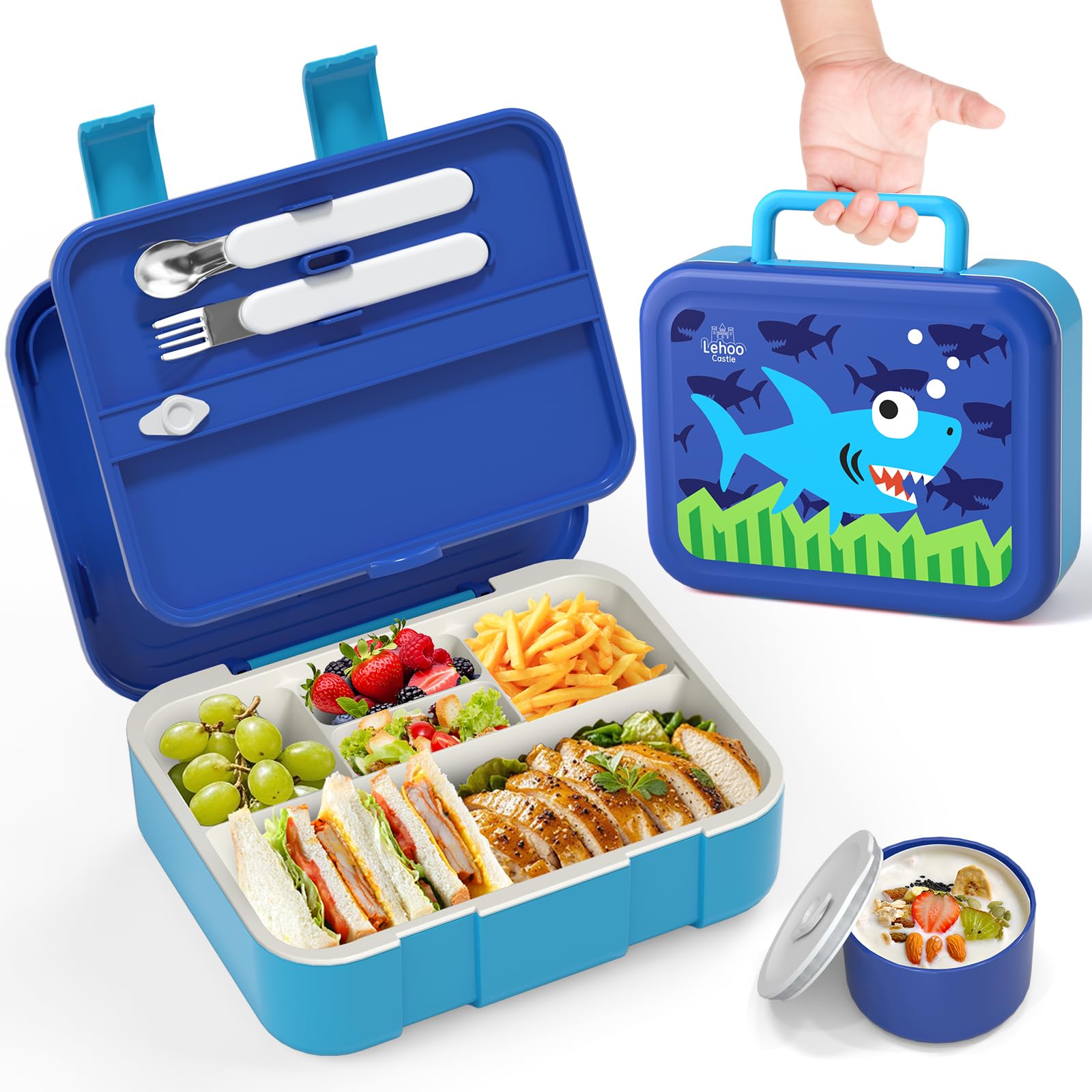 Bento Lunch Box for Kids, 1250ml Lunchbox with 5 Compartments, Boys Girls Lunch Containers with Spoon&Fork, Sauce Jar, Leakproof, BPA-Free(Shark)
