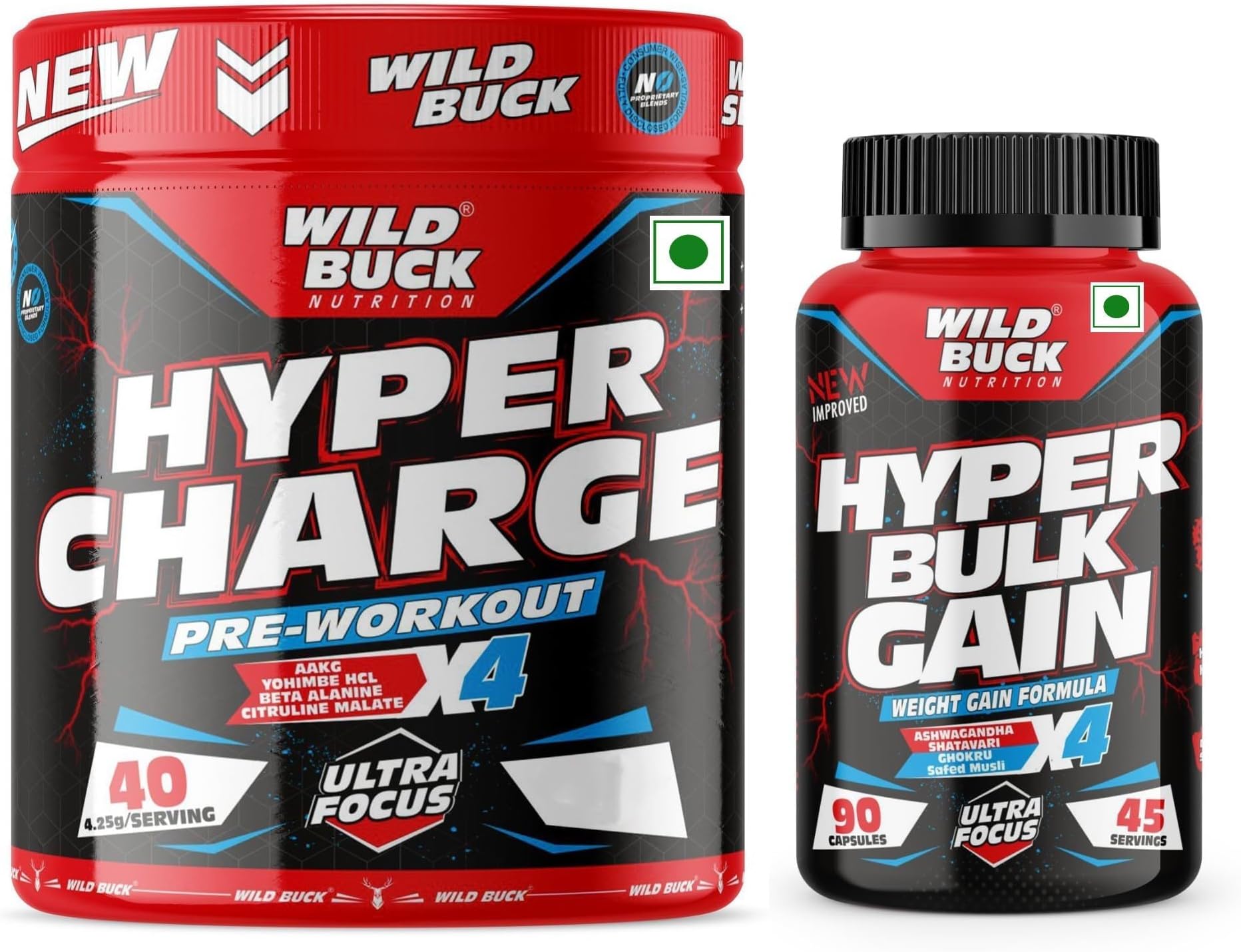 WILD BUCK Wild Pre-X4 Hardcore Pre-Workout Supplement with Creatine Monohydrate, Arginine AAKG, Beta-Alanine, Explosive Muscle Pump, Caffeinated Punch -For Men & Women [40 Servings, Sour Gummies] + Wild Buck Hyper Bulk Gain Mass & Weight Gainer Capsule for Fast Weight & Muscle Gain - 90 Capsules