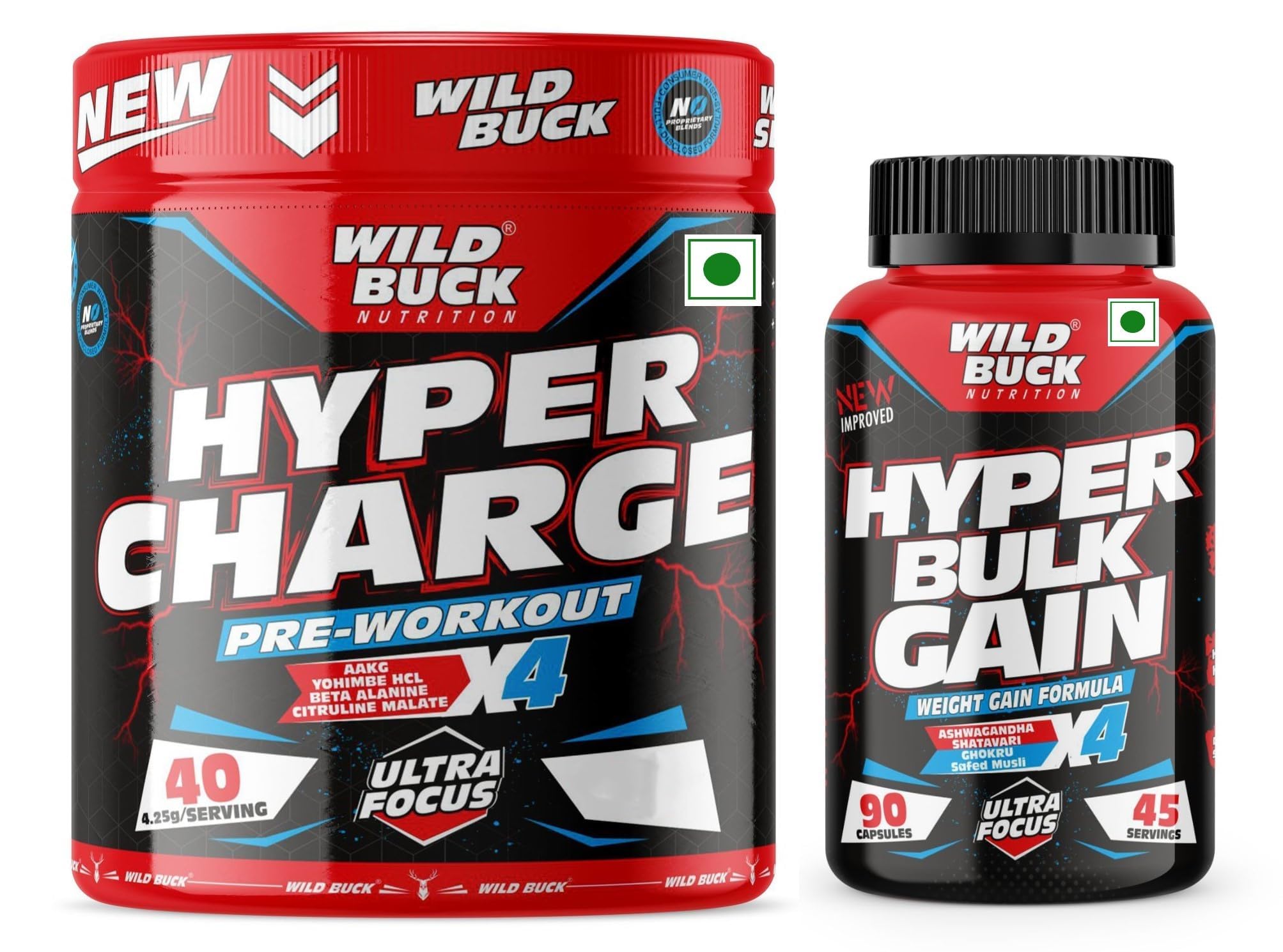 WILD BUCK Wild Pre-X4 Hardcore Pre-Workout Supplement with Creatine Monohydrate, Arginine AAKG, Beta-Alanine, Explosive Muscle Pump, Caffeinated Punch -For Men & Women [40 Servings, Sour Gummies] + Wild Buck Hyper Bulk Gain Mass & Weight Gainer Capsule for Fast Weight & Muscle Gain - 90 Capsules
