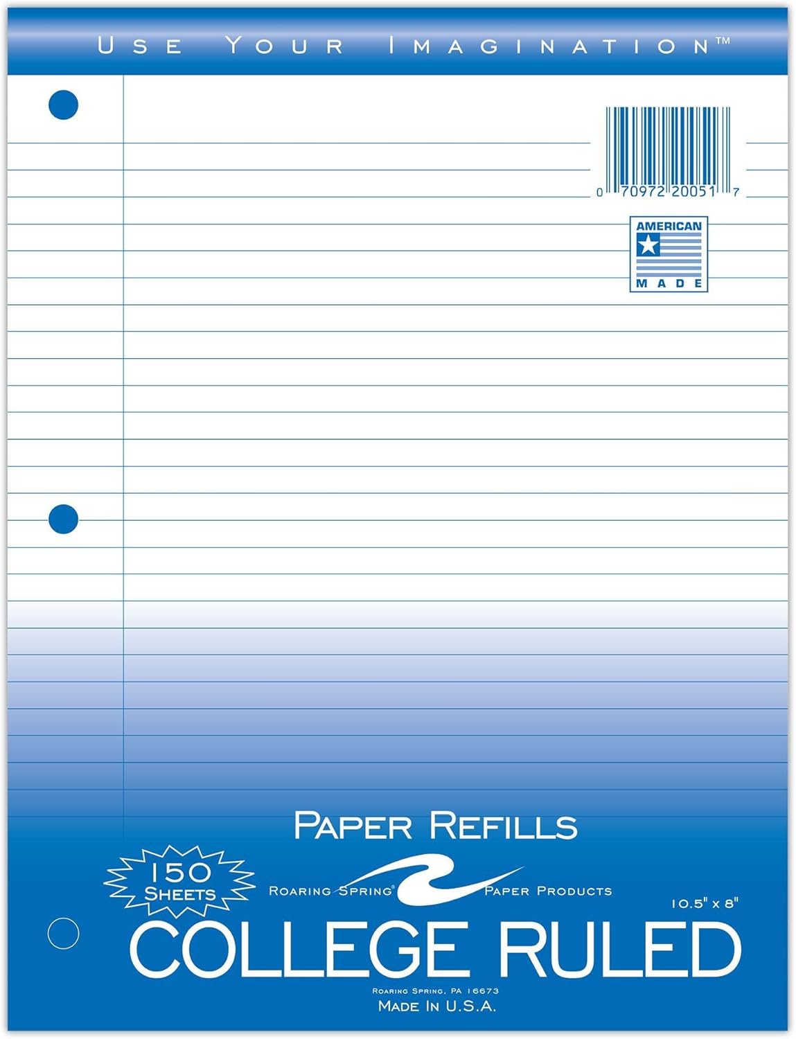 Roaring Spring College Ruled Loose Leaf Filler Paper, 3 Hole Punched, 10.5" x 8" 150 Sheets, White Paper (Pack of 1)