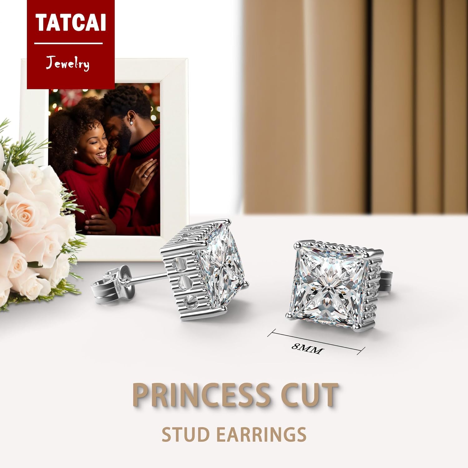18K White Gold Plated Sterling Silver Square Cubic Zirconia Stud Earrings 4 Prong Princess Cut CZ Simulated Diamond Stud Earrings for Men Women Hypoallergenic - Image 5