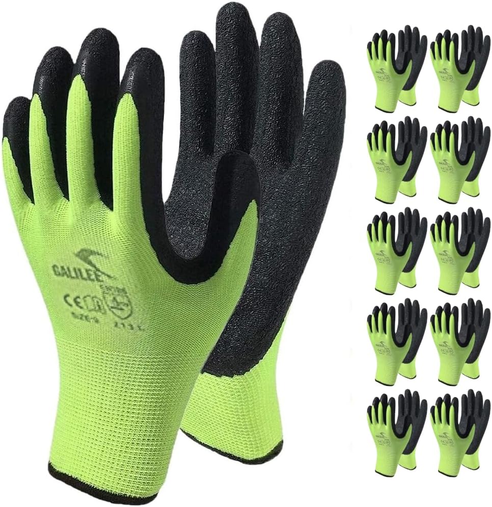 OTECKO Safety Work Gloves with Latex Rubber Coating, Non-Slip Grip, Breathable and Washable, Pack of 10 Pairs