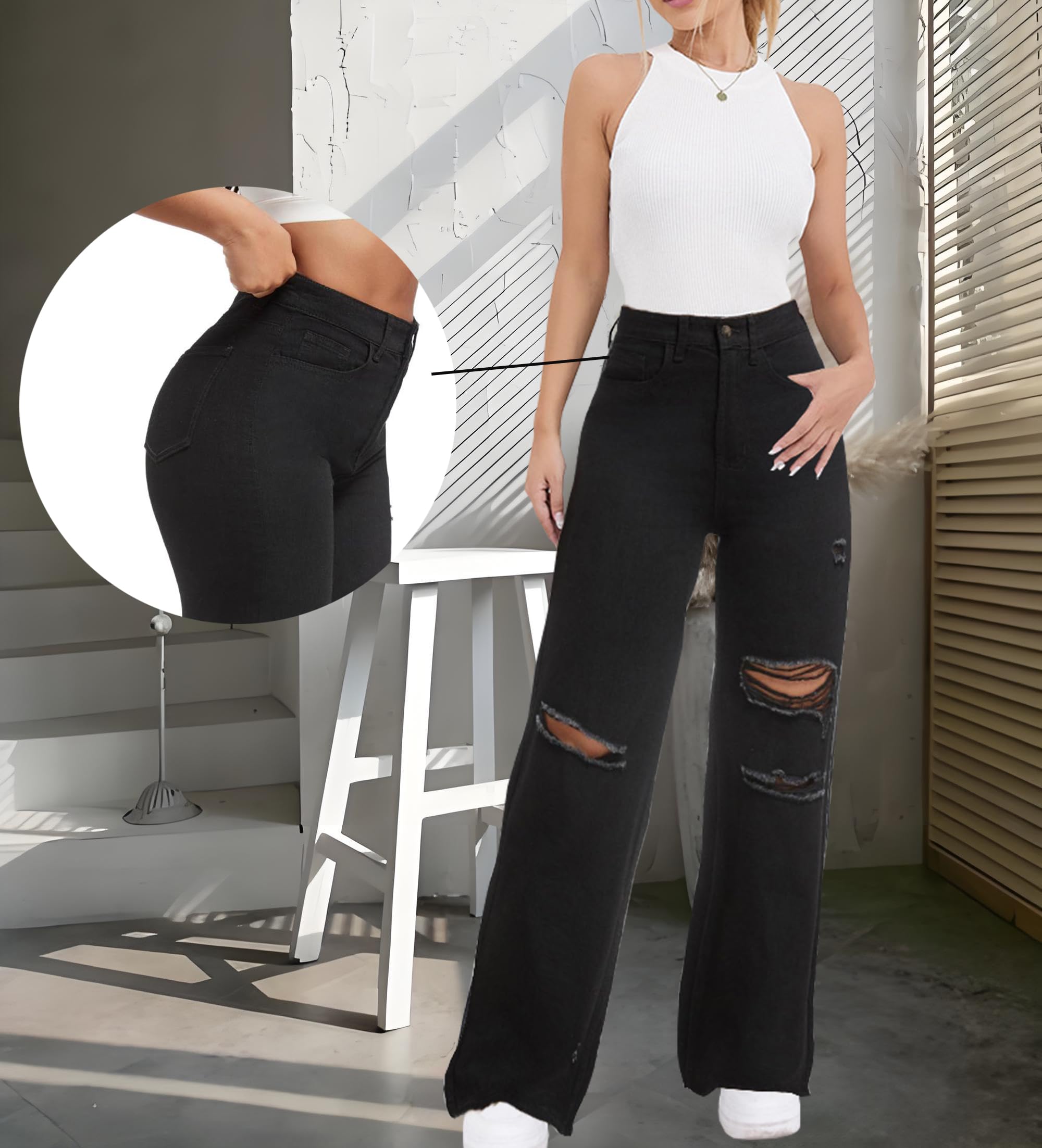 Distressed Jeans mit weitem Bein für Damen, hohe Taille, lockere zerrissene Boyfriend-Jeans, Y2K, Stretch-Denim-Hose