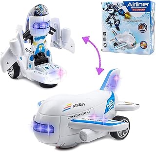 Toysery Deformation Airplane Toy Robot, Battery Operated Robot Toywith Colorful LED Light and Realistic Sounds, Bump and Go Action Airplane Perfect Birthday, for Boys, Girls, Kids