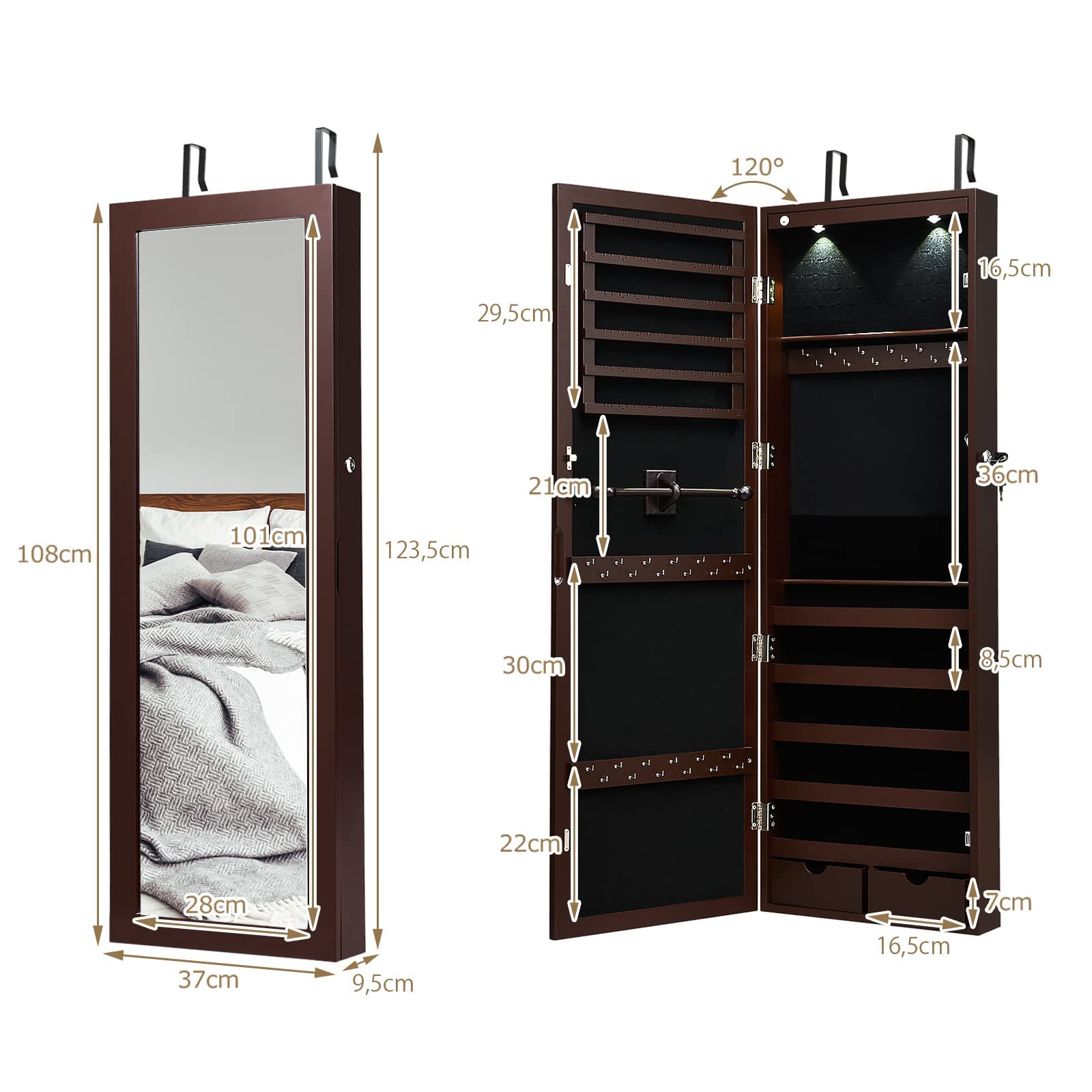 GYMAX Armadietto Portagioie con Specchio, Specchiera Portagioielli Sospesa, con 2 Luci a LED, Ampio Spazio di Archiviazione, di Legno, 123,5x37x9,5 cm (Marrone)
