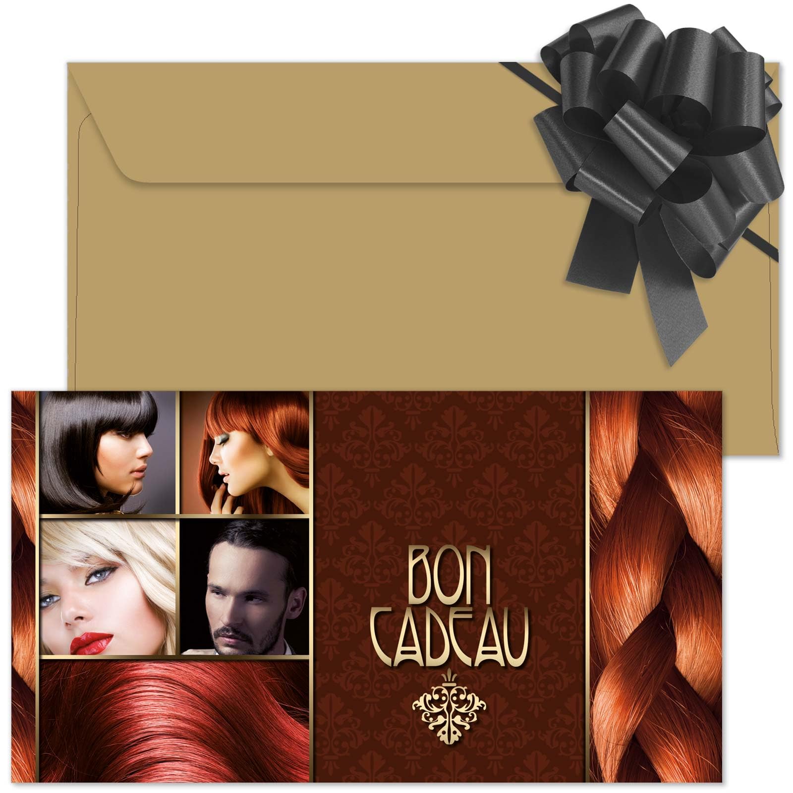 POS BON - 100 bons cadeaux à remplir avec enveloppe/nœud ruban - formulaires imprimés pour des salons de coiffure K1255F2-100-V1