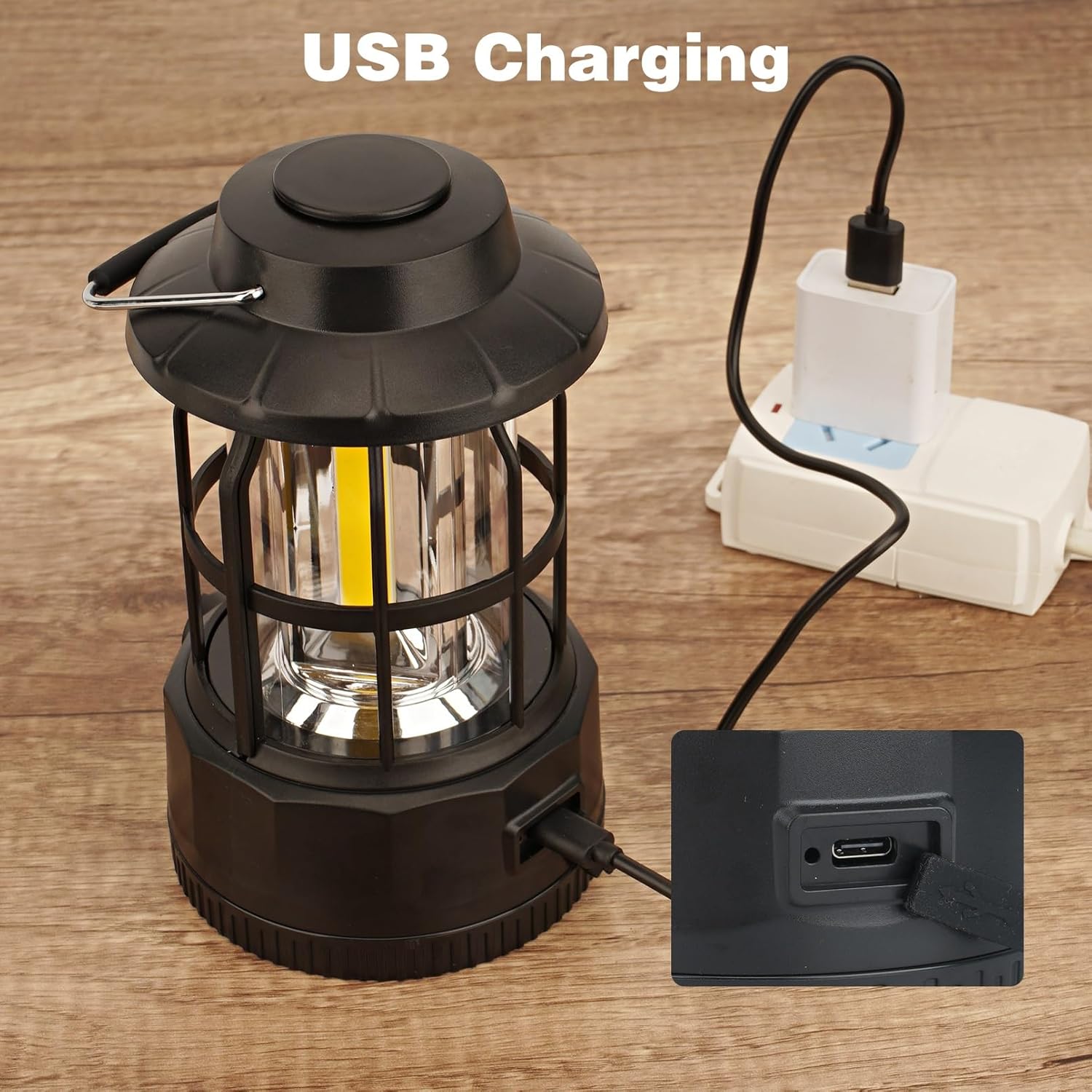 JAMISAY Camping Lantern connected to a USB charger