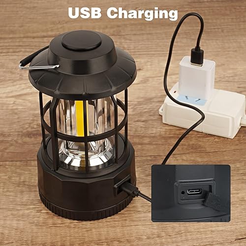 Miniatura 7 de Linterna de camping recargable alimentada por USB, atenuador continuo, luz de campamento retro de metal, impermeable, colgante LED, lámpara de